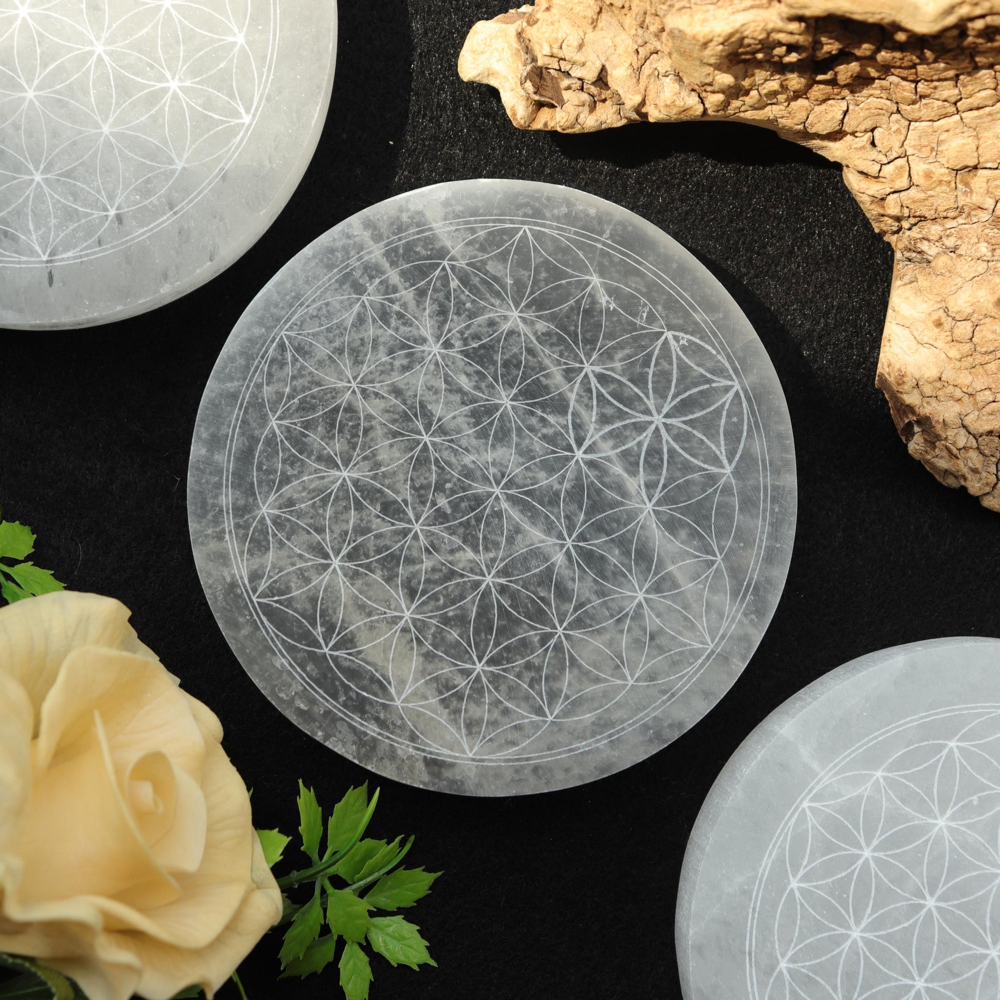 Selenite Round Engraved Plate Flower of Life, Etched Charging & Cleansing Plate 4"