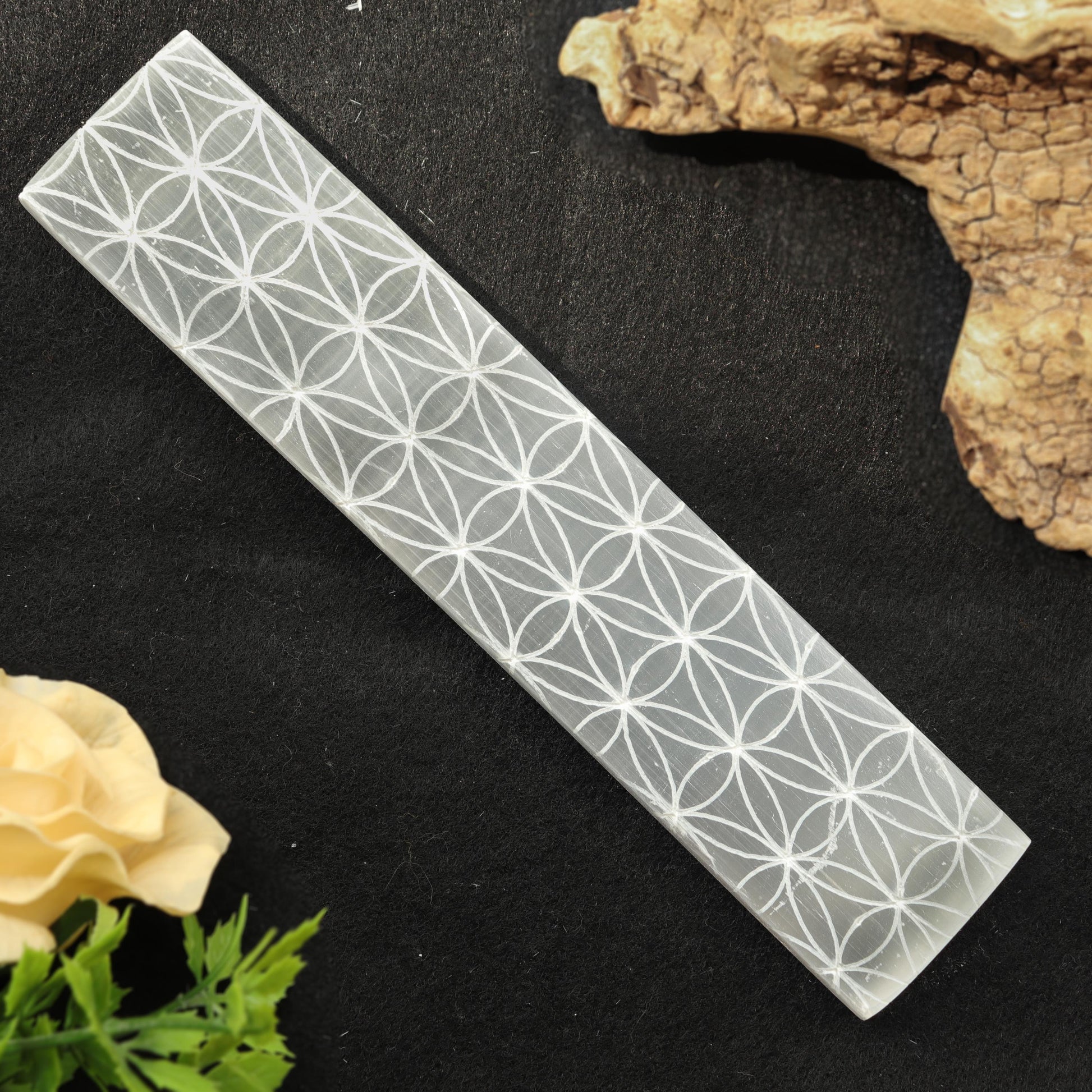 7-8 inches Selenite Engraved Charging Plate, Stick, Bar, Flower of Life Symbols for Clearing, Cleansing