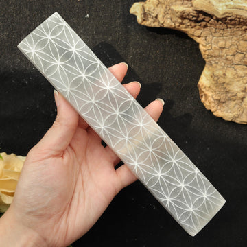 7-8 inches Selenite Engraved Charging Plate, Stick, Bar, Flower of Life Symbols for Clearing, Cleansing