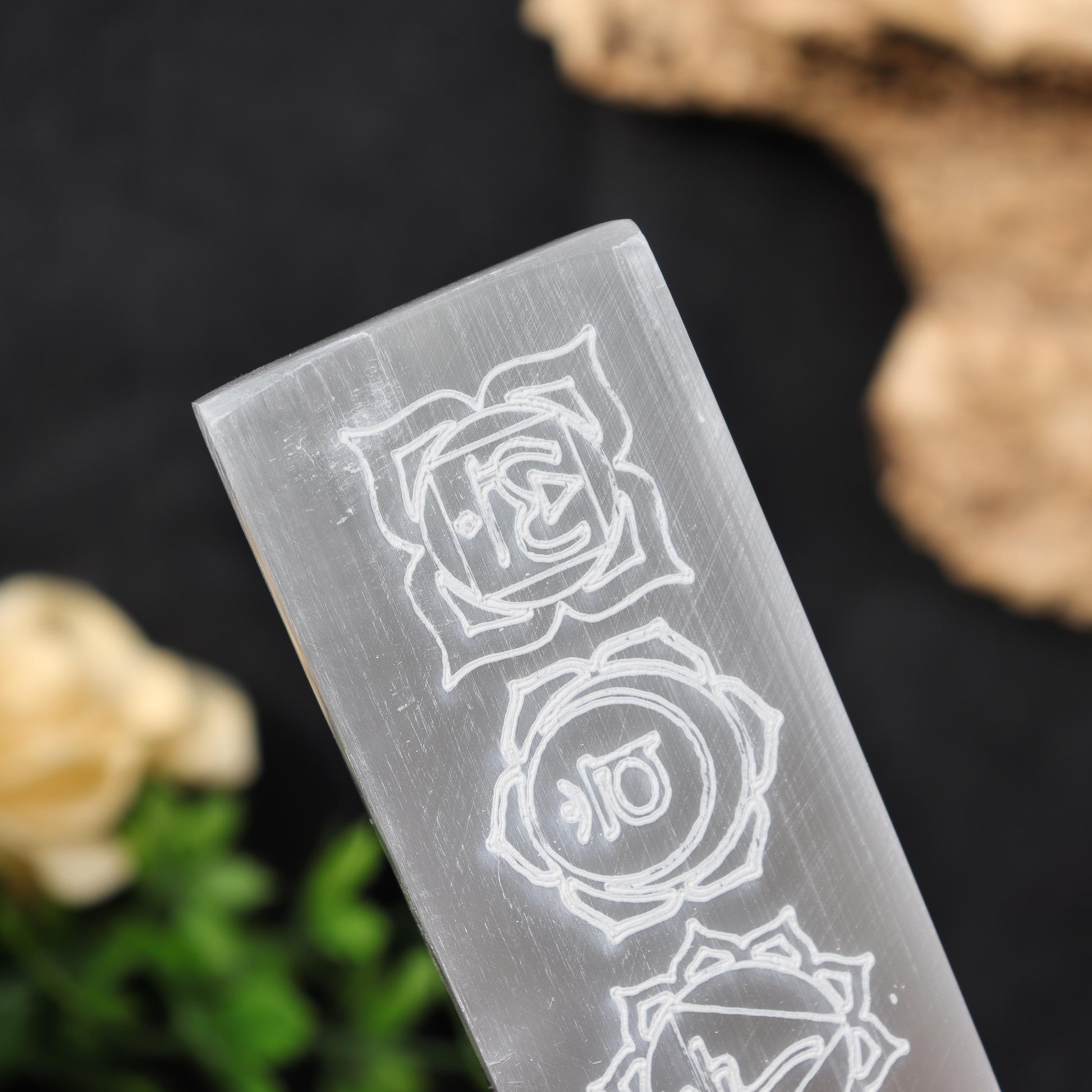 7-8 inches Selenite Engraved Charging Plate, Stick, Bar, Chakra Symbols for Clearing, Cleansing