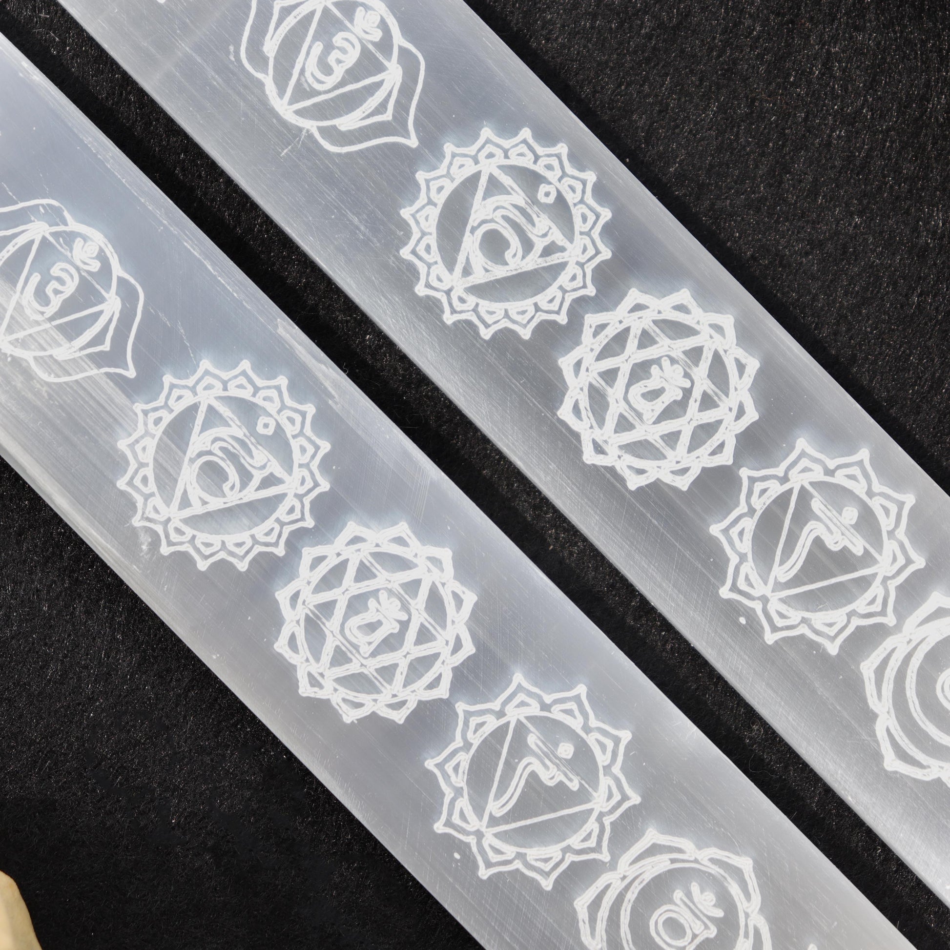 7-8 inches Selenite Engraved Charging Plate, Stick, Bar, Chakra Symbols for Clearing, Cleansing