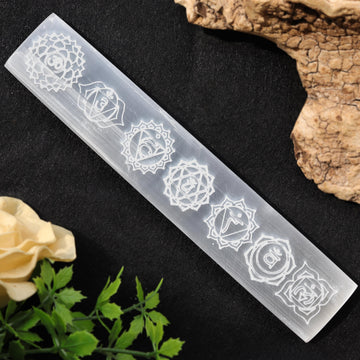 7-8 inches Selenite Engraved Charging Plate, Stick, Bar, Chakra Symbols for Clearing, Cleansing