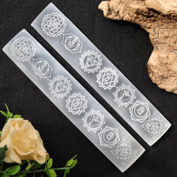 7-8 inches Selenite Engraved Charging Plate, Stick, Bar, Chakra Symbols for Clearing, Cleansing