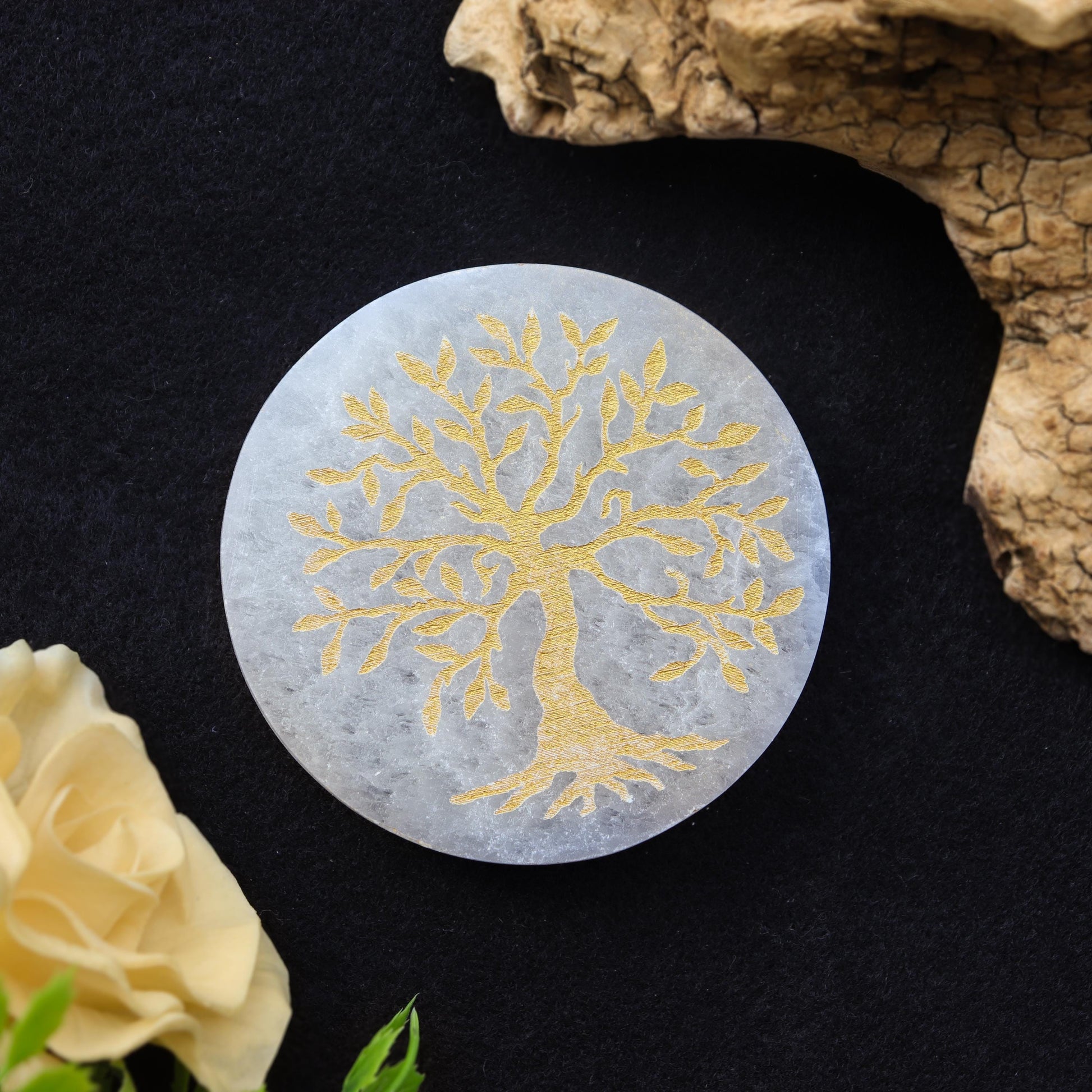 Selenite Gold Engraved Round Plate Tree of life, Etched Charging & Cleansing Plate 3"