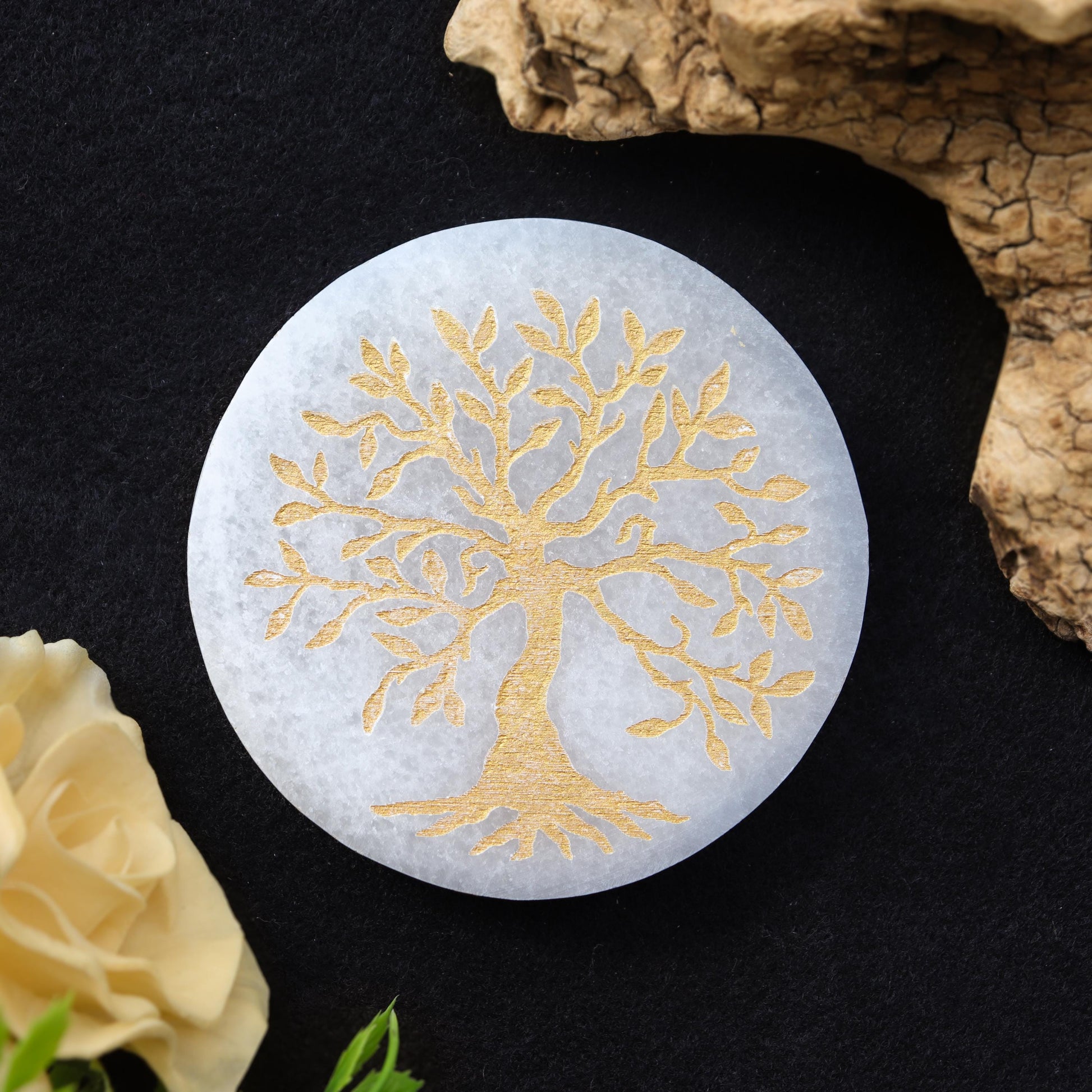 Selenite Gold Engraved Round Plate Tree of life, Etched Charging & Cleansing Plate 3"