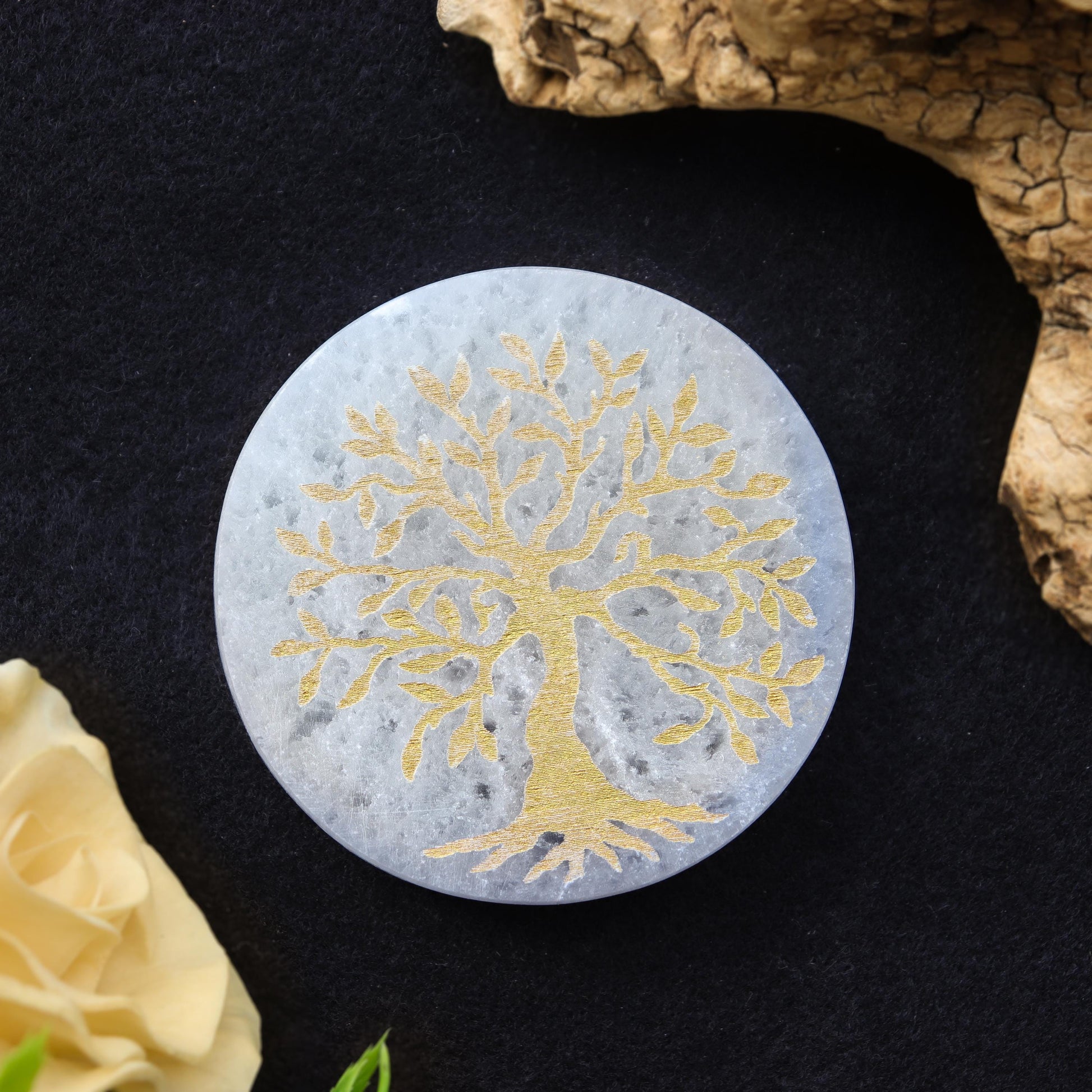 Selenite Gold Engraved Round Plate Tree of life, Etched Charging & Cleansing Plate 3"