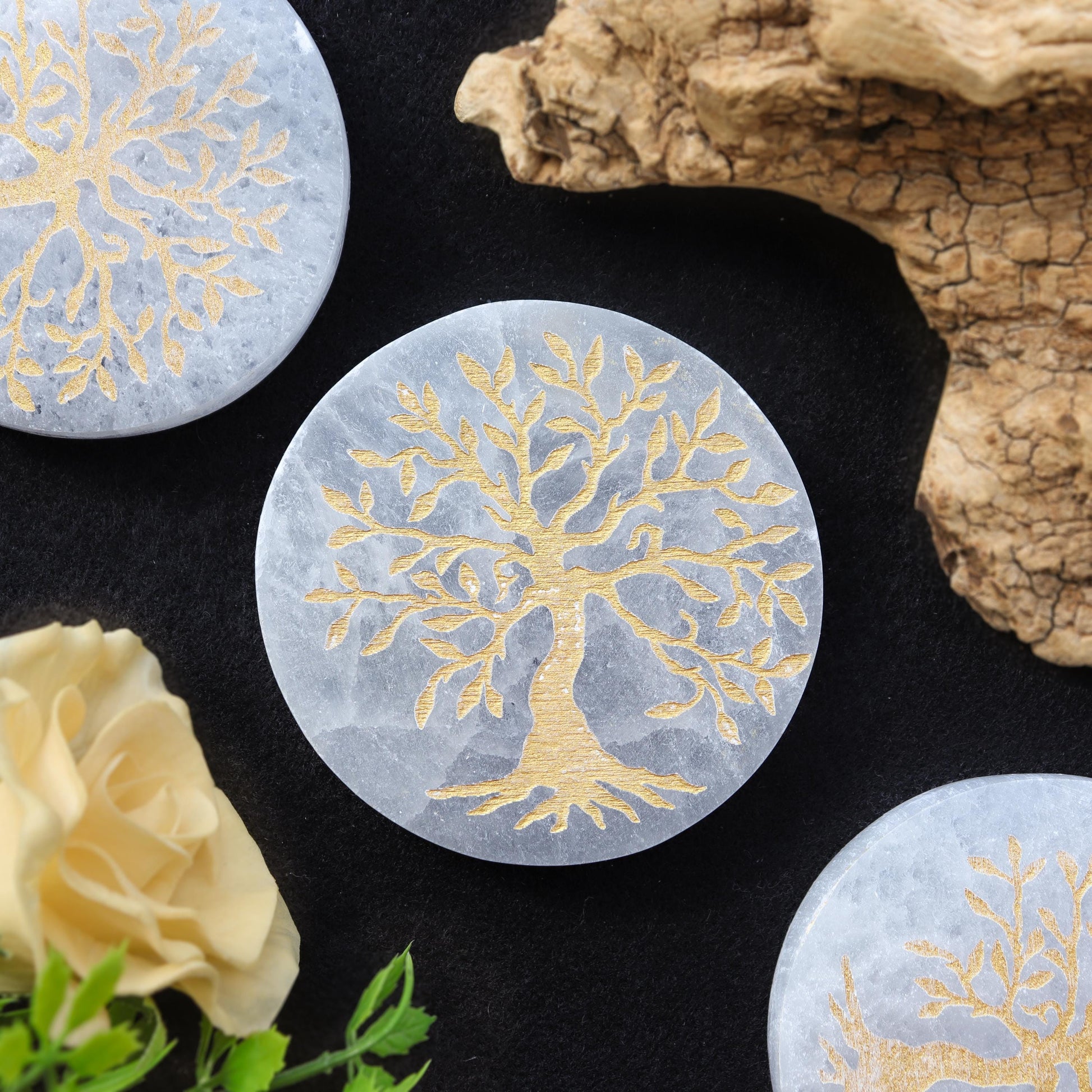 Selenite Gold Engraved Round Plate Tree of life, Etched Charging & Cleansing Plate 3"