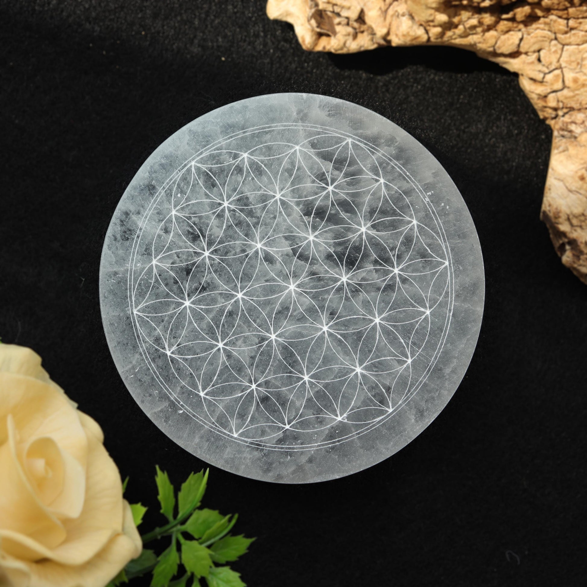 Selenite Engraved Charging Plate, Stick, Bar, Chakra Symbols, Flower of Life, Tree of Life, Zodiac Astrology Signs