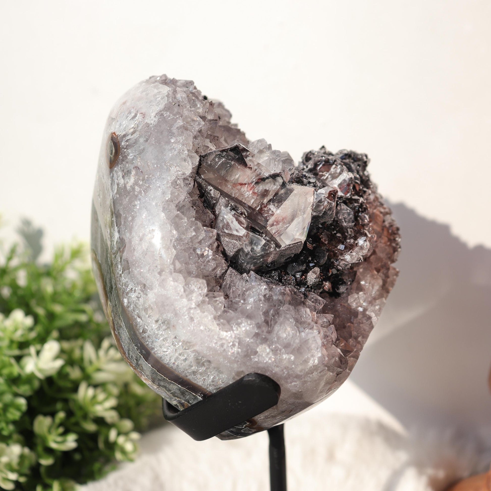 Amethyst with Black Crystal and Quartz Inclusions, Crystals on Black Metal Stand, One of a Kind Crystal Specimen, Ethically Sourced