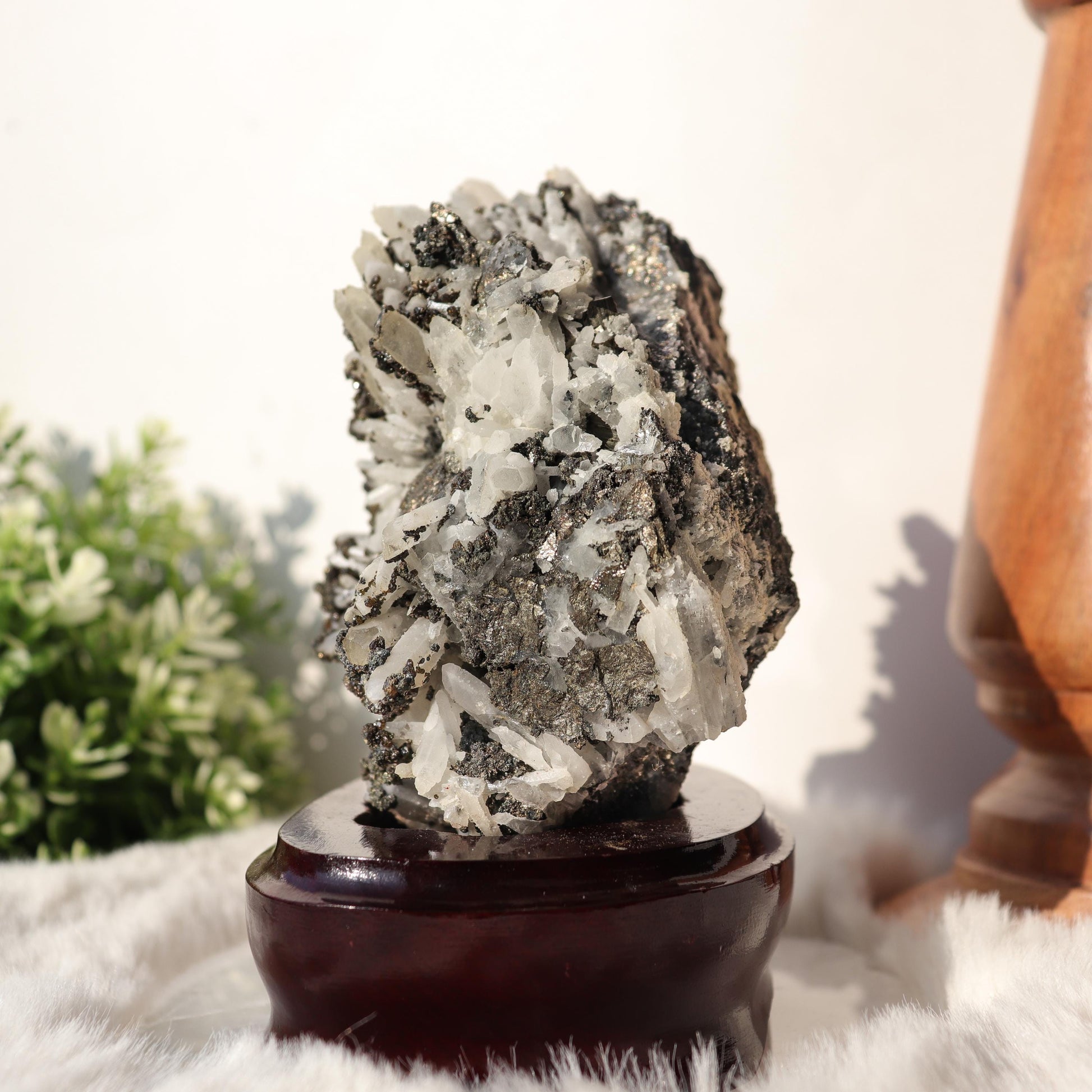 Clear Quartz with Pyrite Inclusions, Crystals on Black Metal Stand, One of a Kind Crystal Specimen, Ethically Sourced