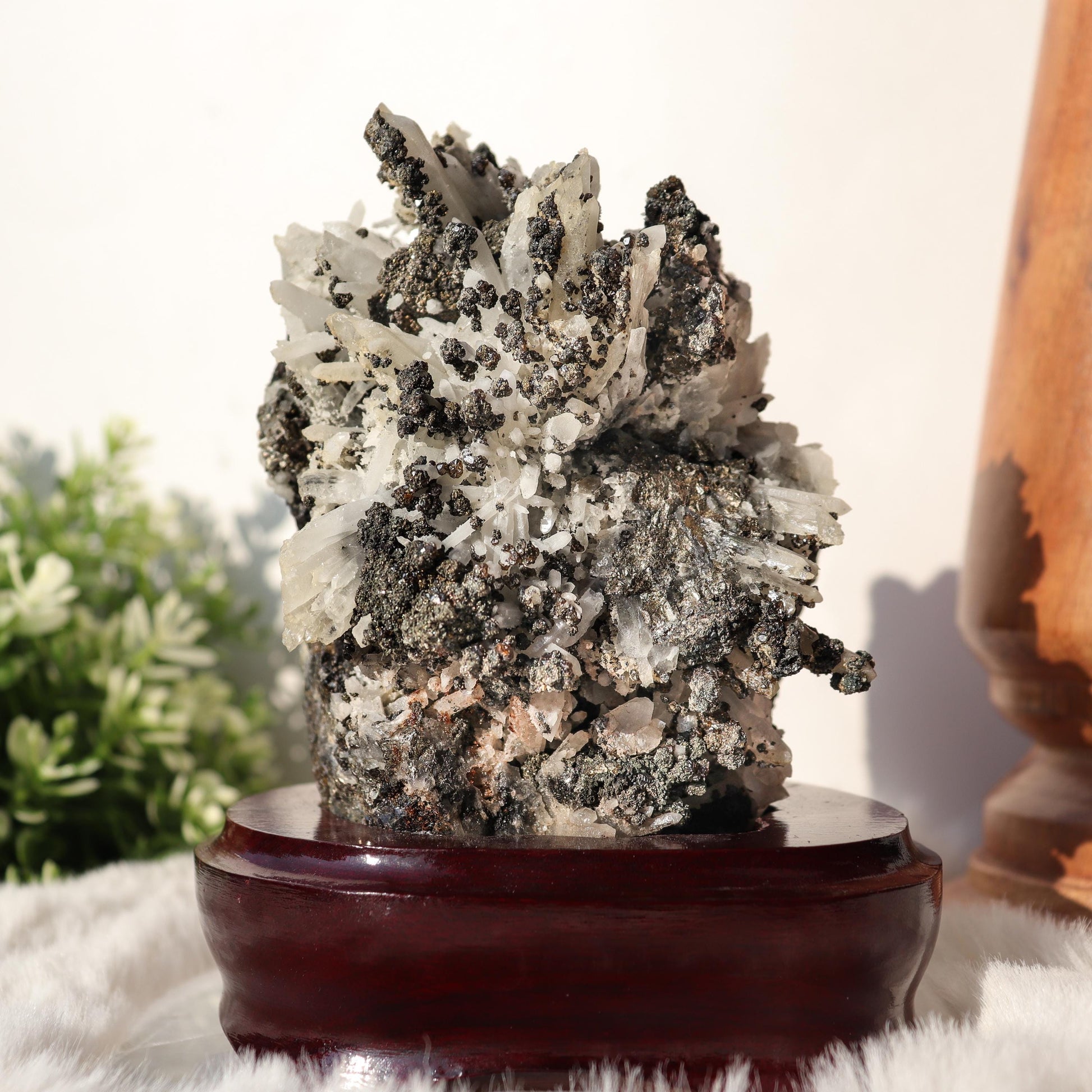 Clear Quartz with Pyrite Inclusions, Crystals on Black Metal Stand, One of a Kind Crystal Specimen, Ethically Sourced