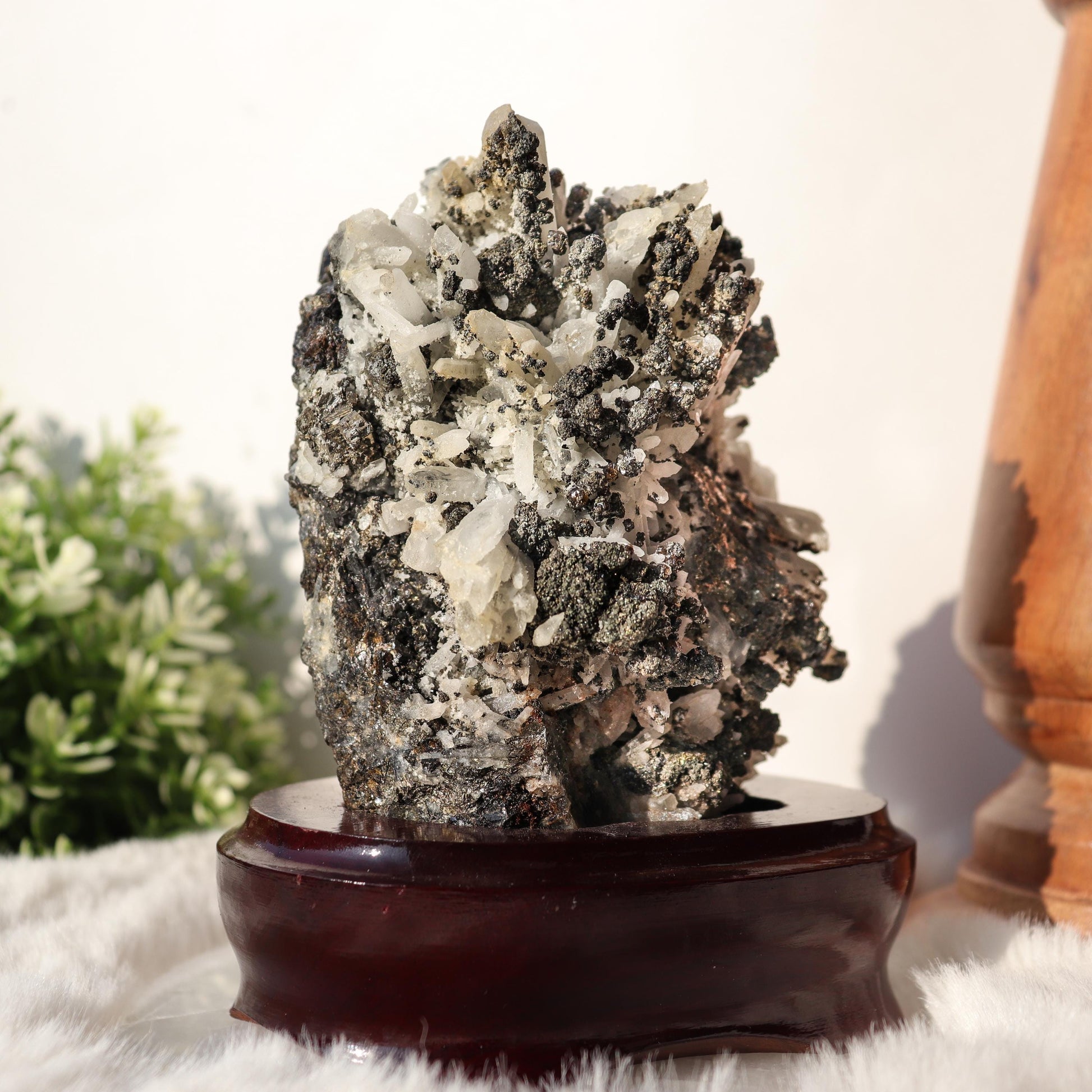 Clear Quartz with Pyrite Inclusions, Crystals on Black Metal Stand, One of a Kind Crystal Specimen, Ethically Sourced