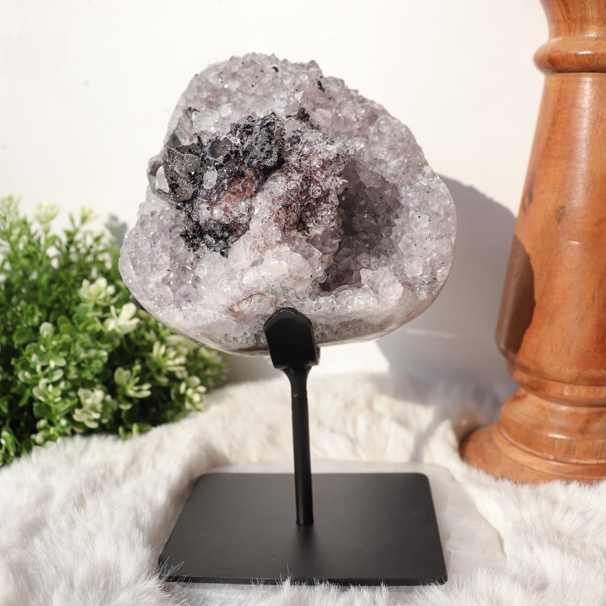 Amethyst with Black Crystal and Quartz Inclusions, Crystals on Black Metal Stand, One of a Kind Crystal Specimen, Ethically Sourced
