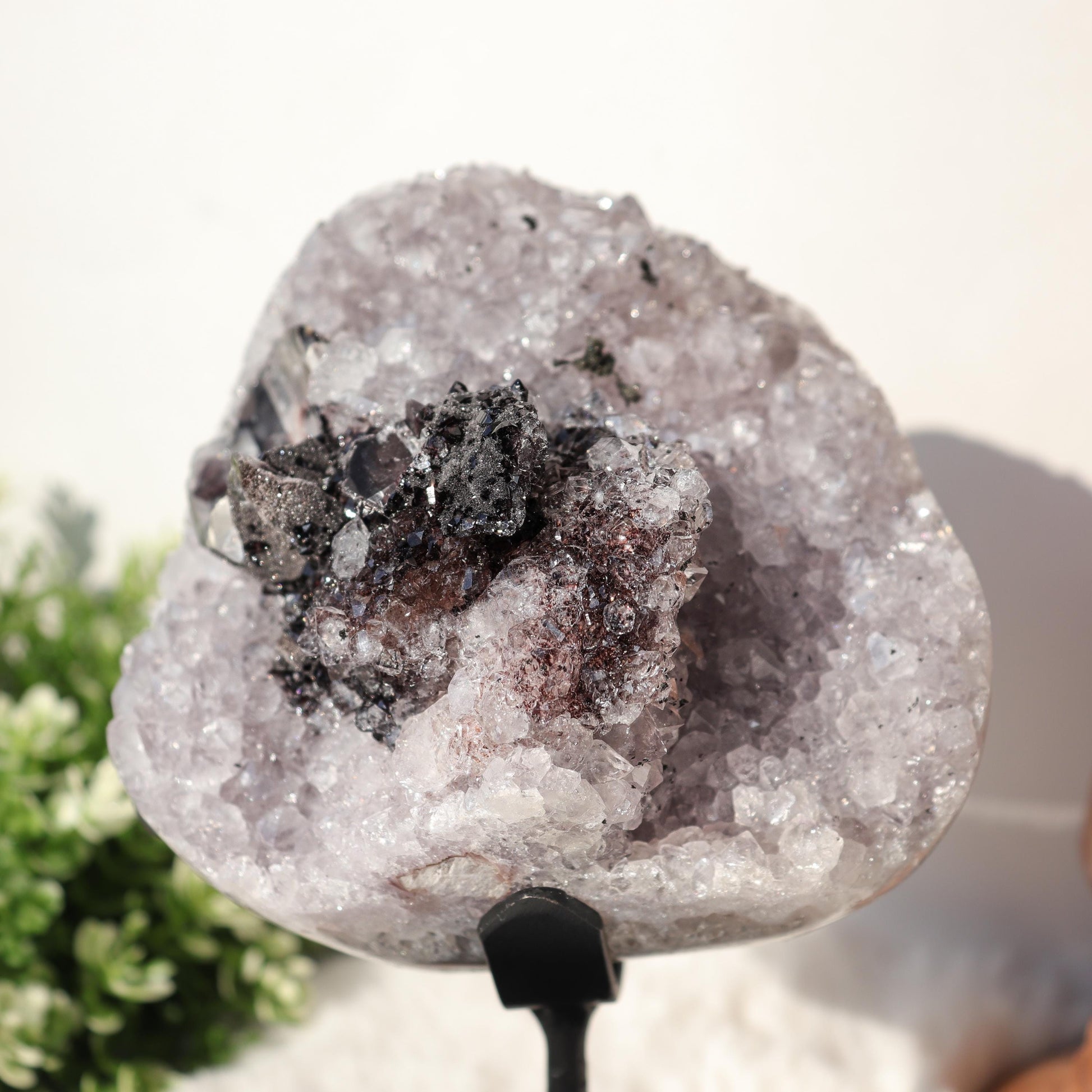 Amethyst with Black Crystal and Quartz Inclusions, Crystals on Black Metal Stand, One of a Kind Crystal Specimen, Ethically Sourced