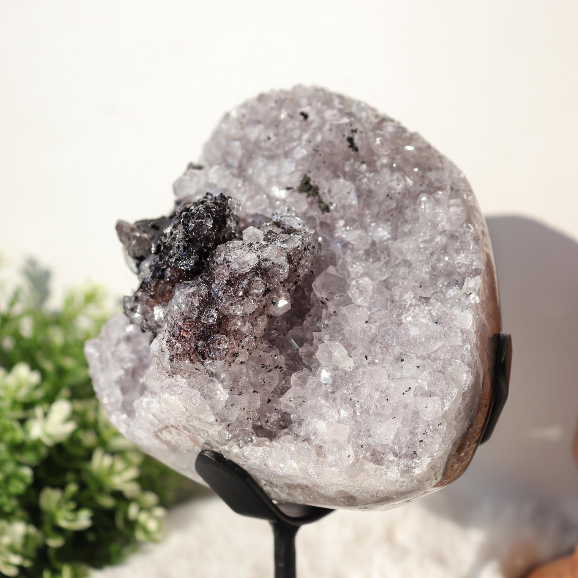 Amethyst with Black Crystal and Quartz Inclusions, Crystals on Black Metal Stand, One of a Kind Crystal Specimen, Ethically Sourced