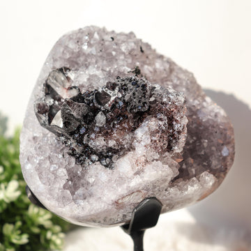 Amethyst with Black Crystal and Quartz Inclusions, Crystals on Black Metal Stand, One of a Kind Crystal Specimen, Ethically Sourced