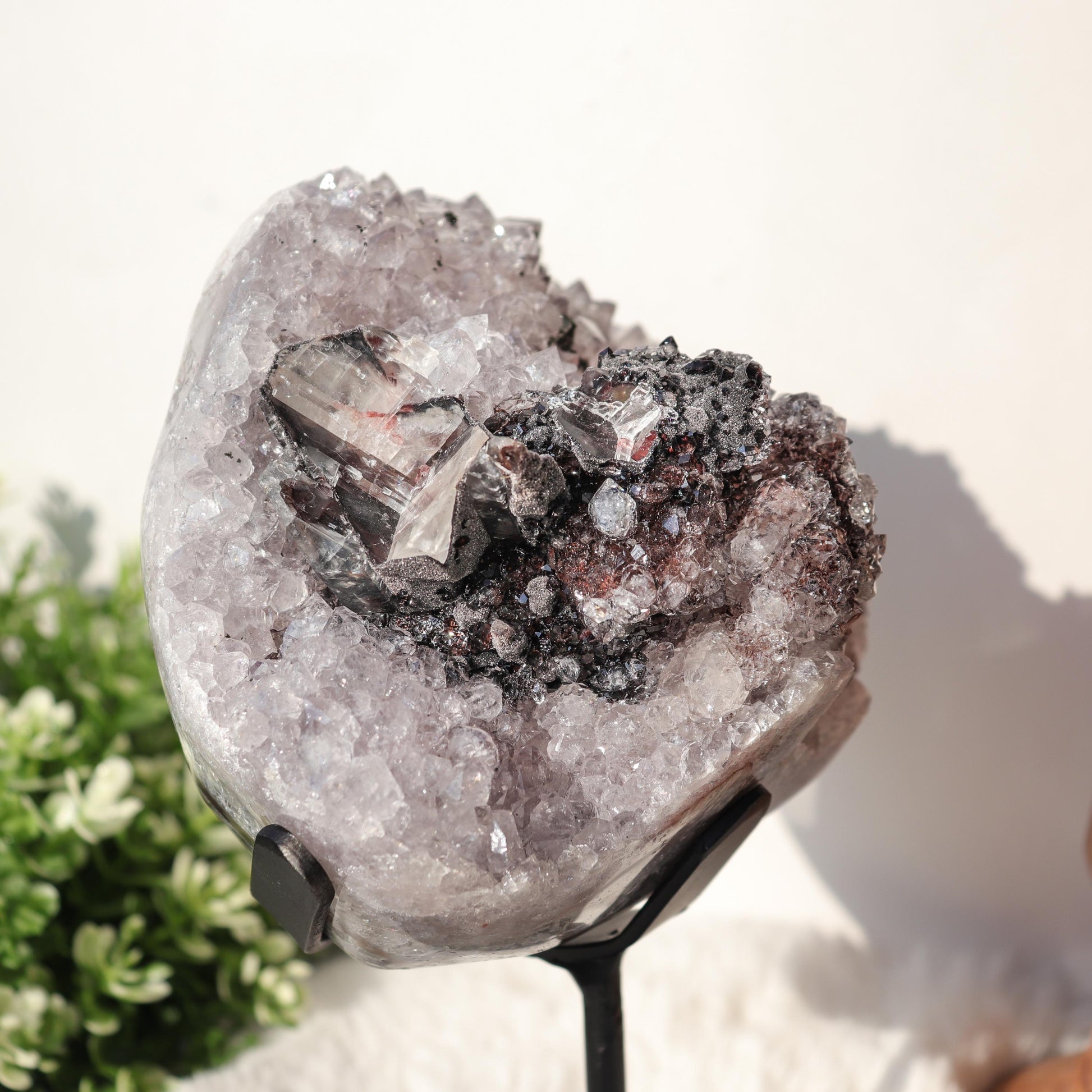 Amethyst with Black Crystal and Quartz Inclusions, Crystals on Black Metal Stand, One of a Kind Crystal Specimen, Ethically Sourced