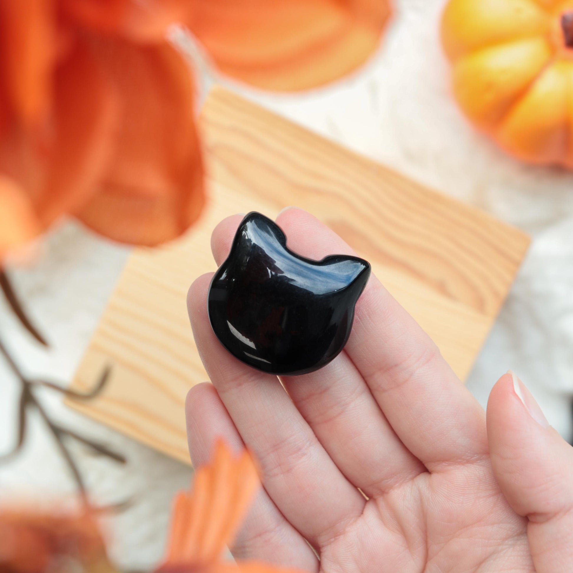 Adorable Crystal Carved Kitty Face, Black Obsidian Gemstone, Protecting Crystal, Animal Statue - SET OF FIVE