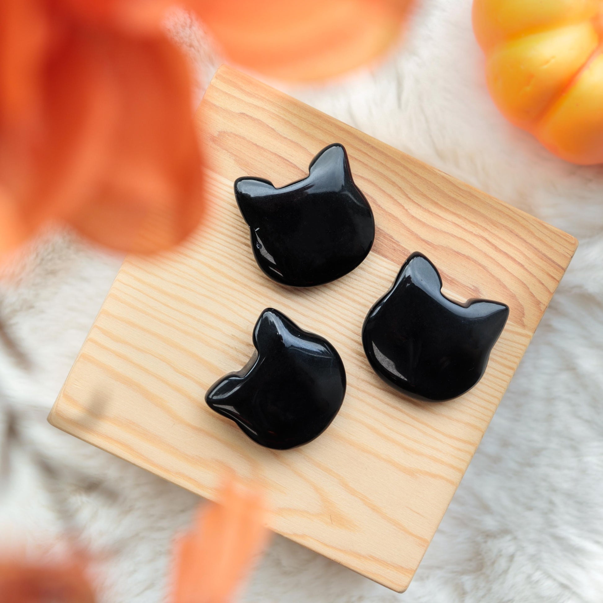 Adorable Crystal Carved Kitty Face, Black Obsidian Gemstone, Protecting Crystal, Animal Statue - SET OF FIVE