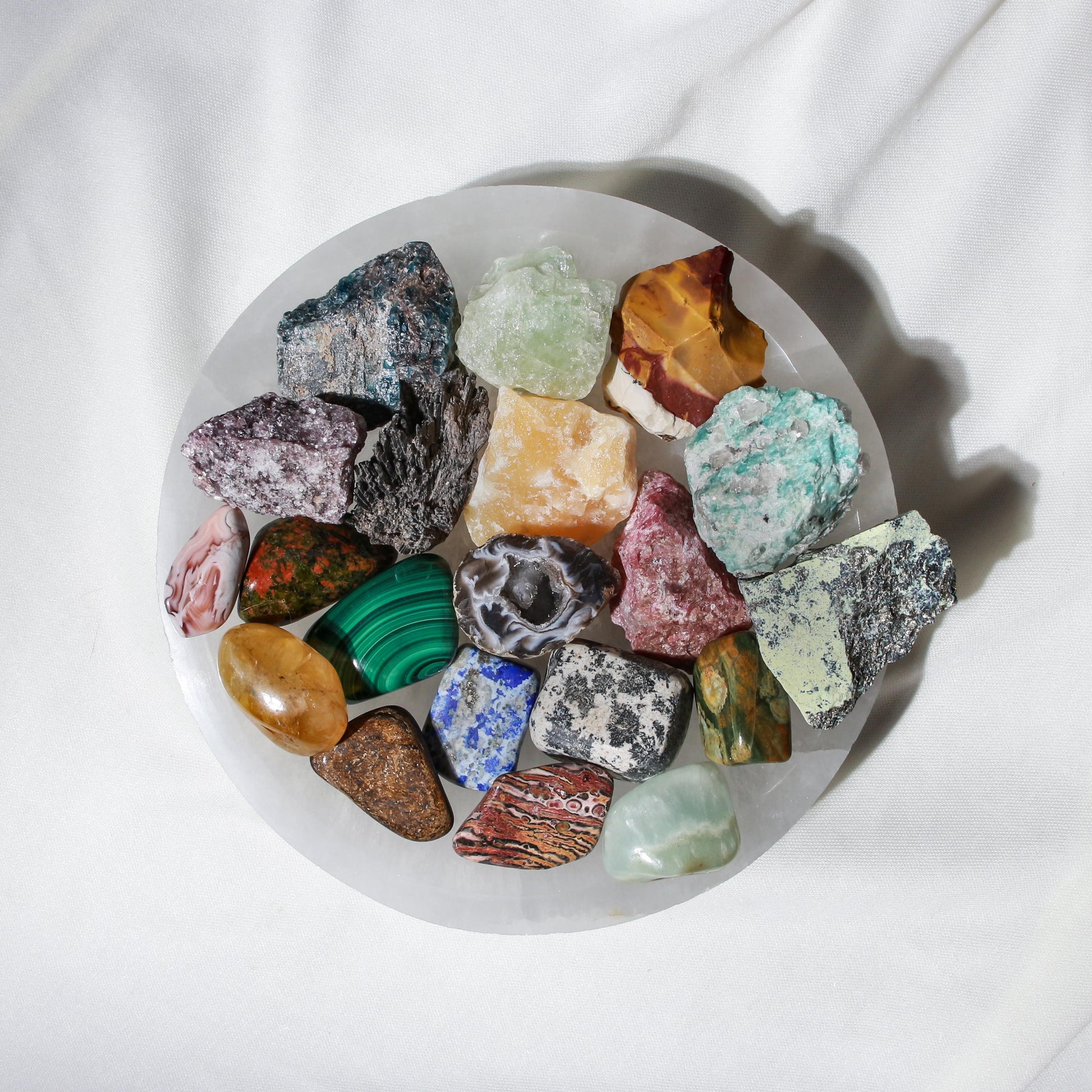 Rare Crystal Kit: Selenite Bowl, 20 Raw & Polished Gemstones, Ethically Sourced