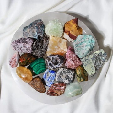 Rare Crystal Kit: Selenite Bowl, 20 Raw & Polished Gemstones, Ethically Sourced