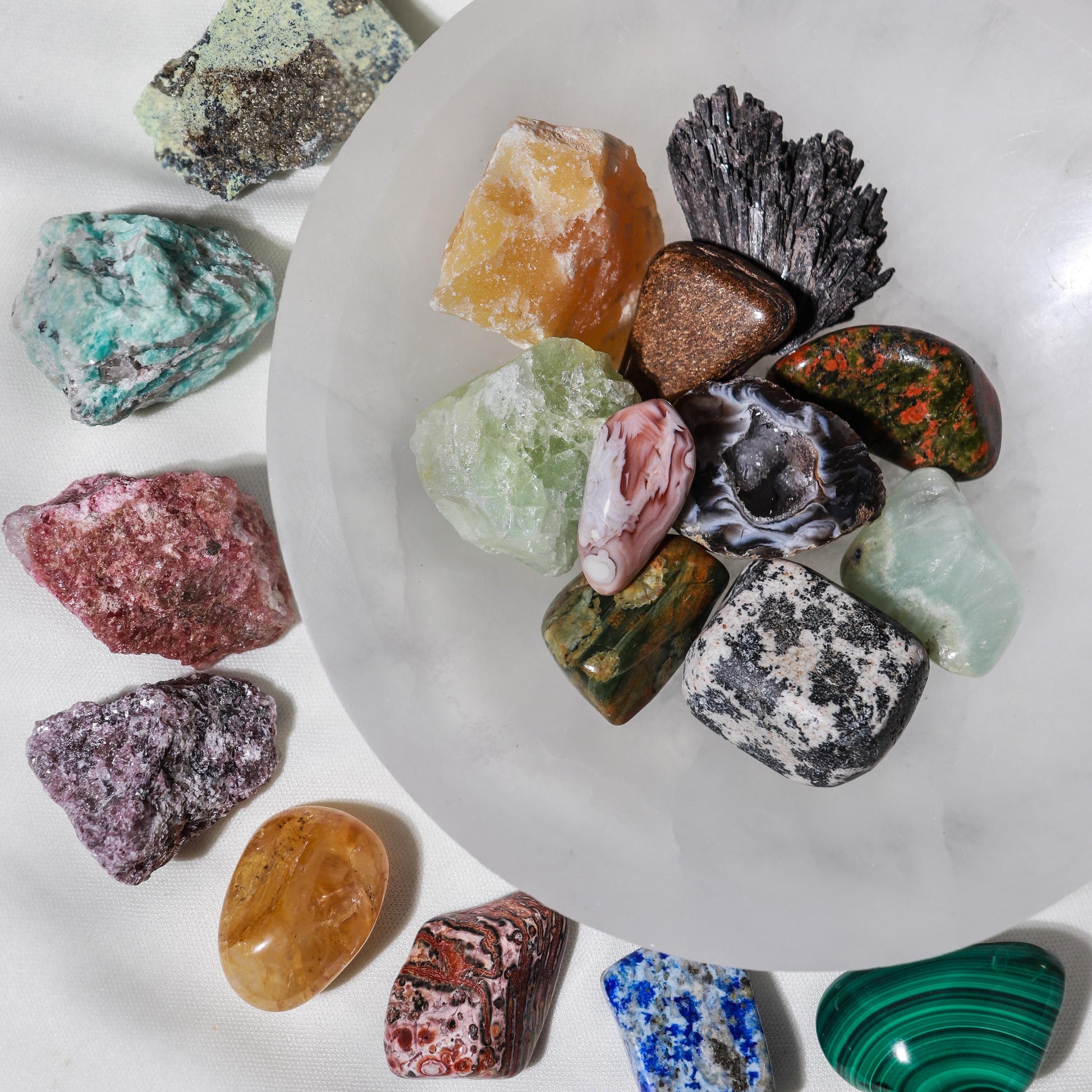 Rare Crystal Kit: Selenite Bowl, 20 Raw & Polished Gemstones, Ethically Sourced
