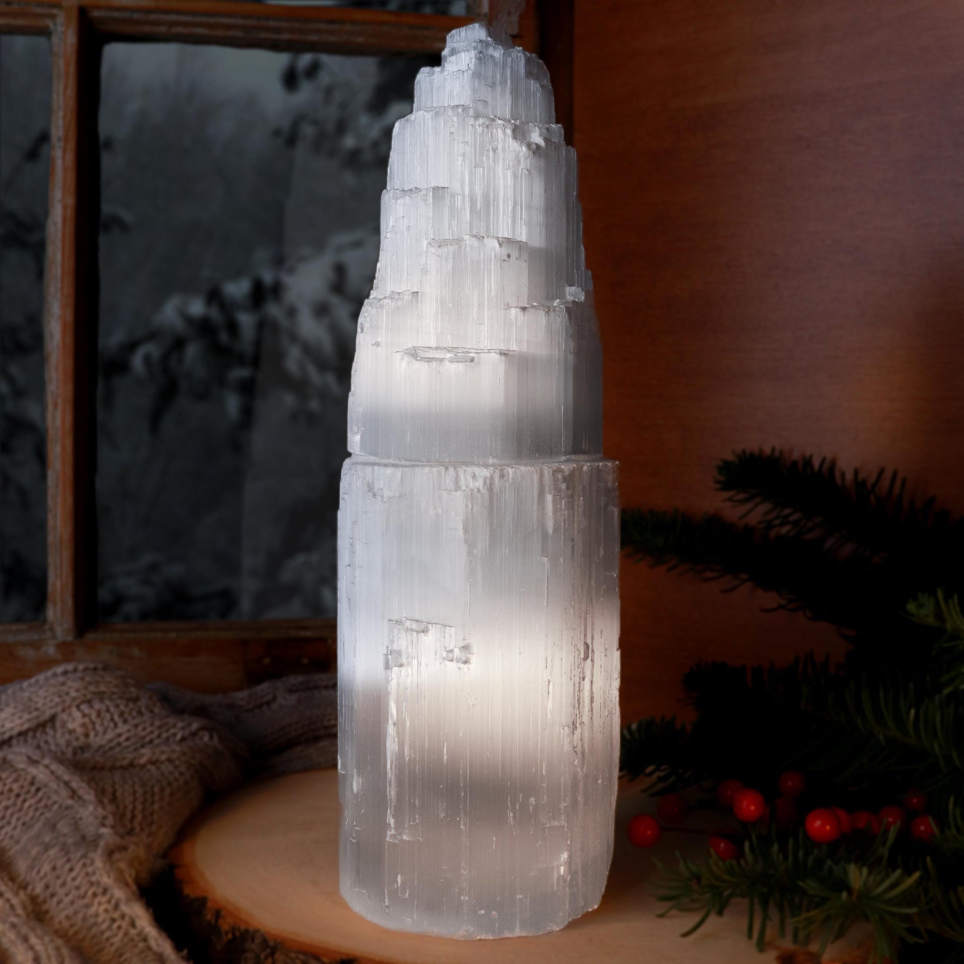 Natural Selenite Crystal Lamp, Grade A Quality, Selenite Tower, Ethically Sourced, White Light, Dimmable Lamp