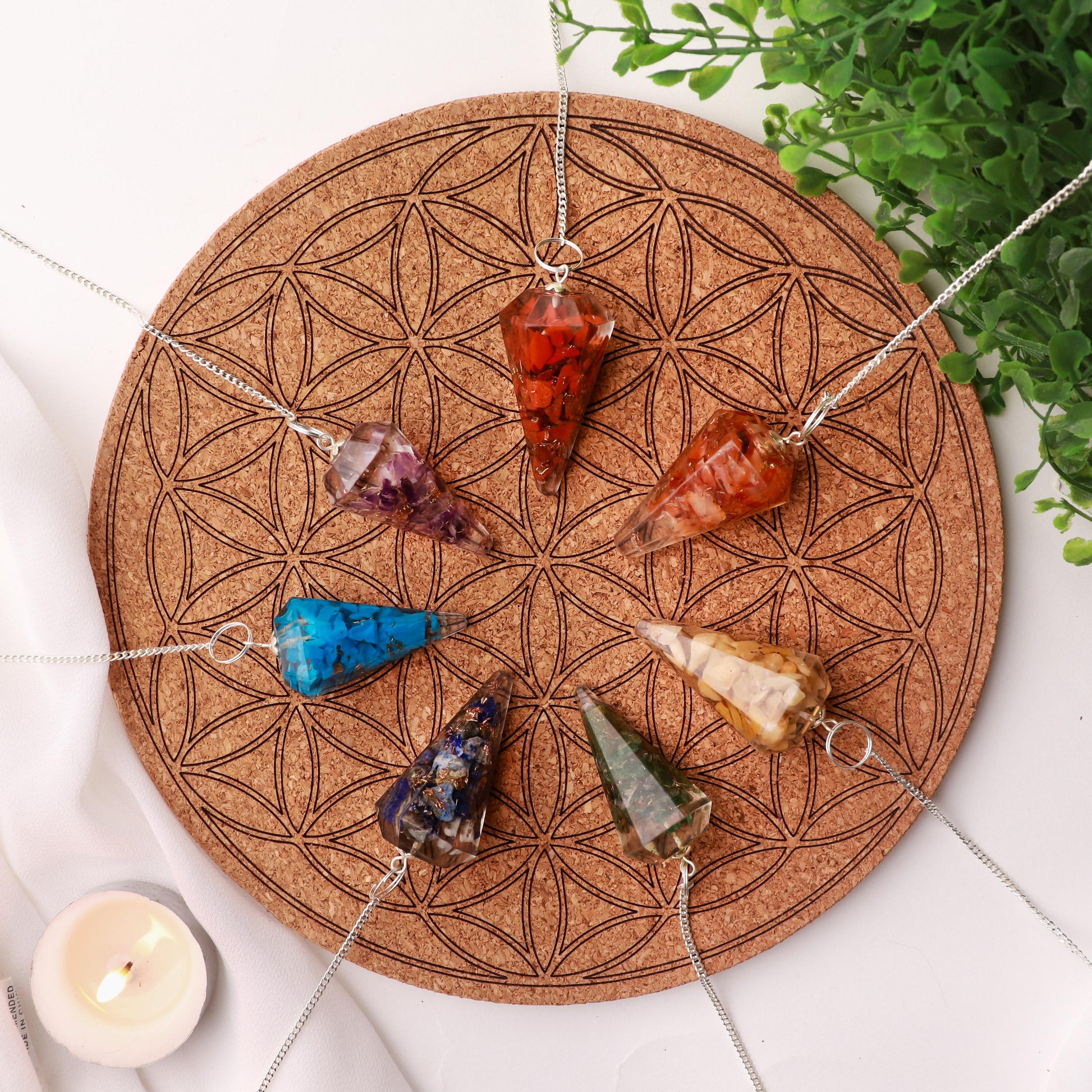 7 Chakra Geometry Crystal Kit, Cork and Wooden Plate, Ethically Sourced, Crystal Pendulums