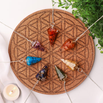 7 Chakra Geometry Crystal Kit, Cork and Wooden Plate, Ethically Sourced, Crystal Pendulums