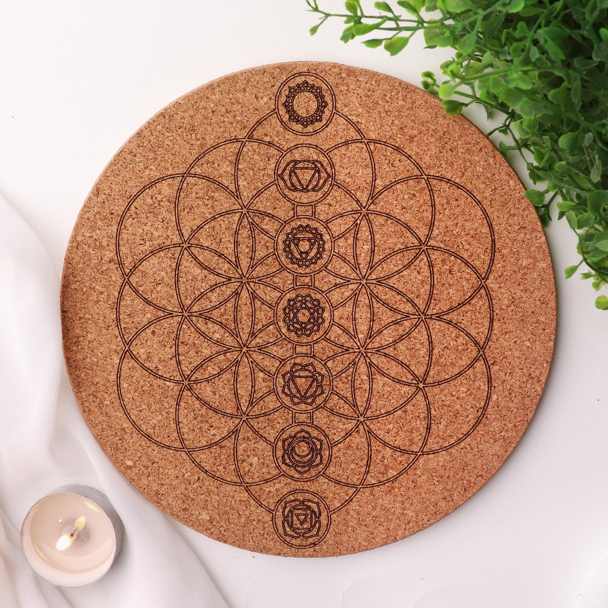 7 Chakra Geometry Crystal Kit, Cork and Wooden Plate, Ethically Sourced, Crystal Pendulums