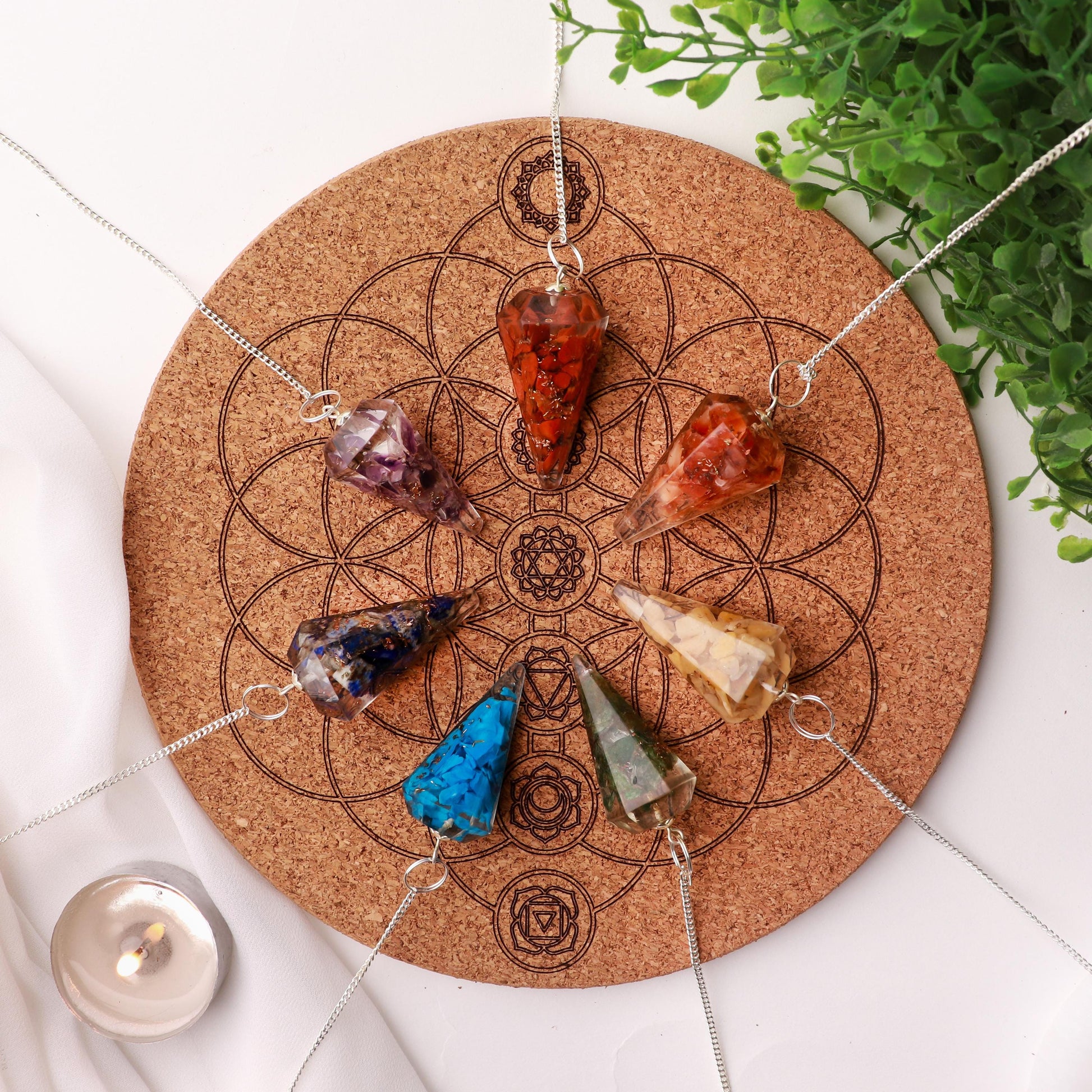 7 Chakra Geometry Crystal Kit, Cork and Wooden Plate, Ethically Sourced, Crystal Pendulums