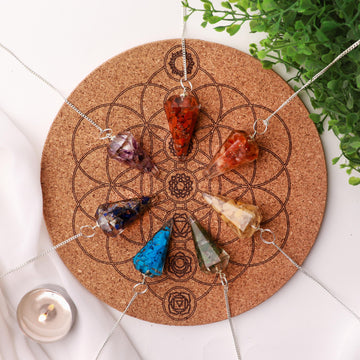 7 Chakra Geometry Crystal Kit, Cork and Wooden Plate, Ethically Sourced, Crystal Pendulums
