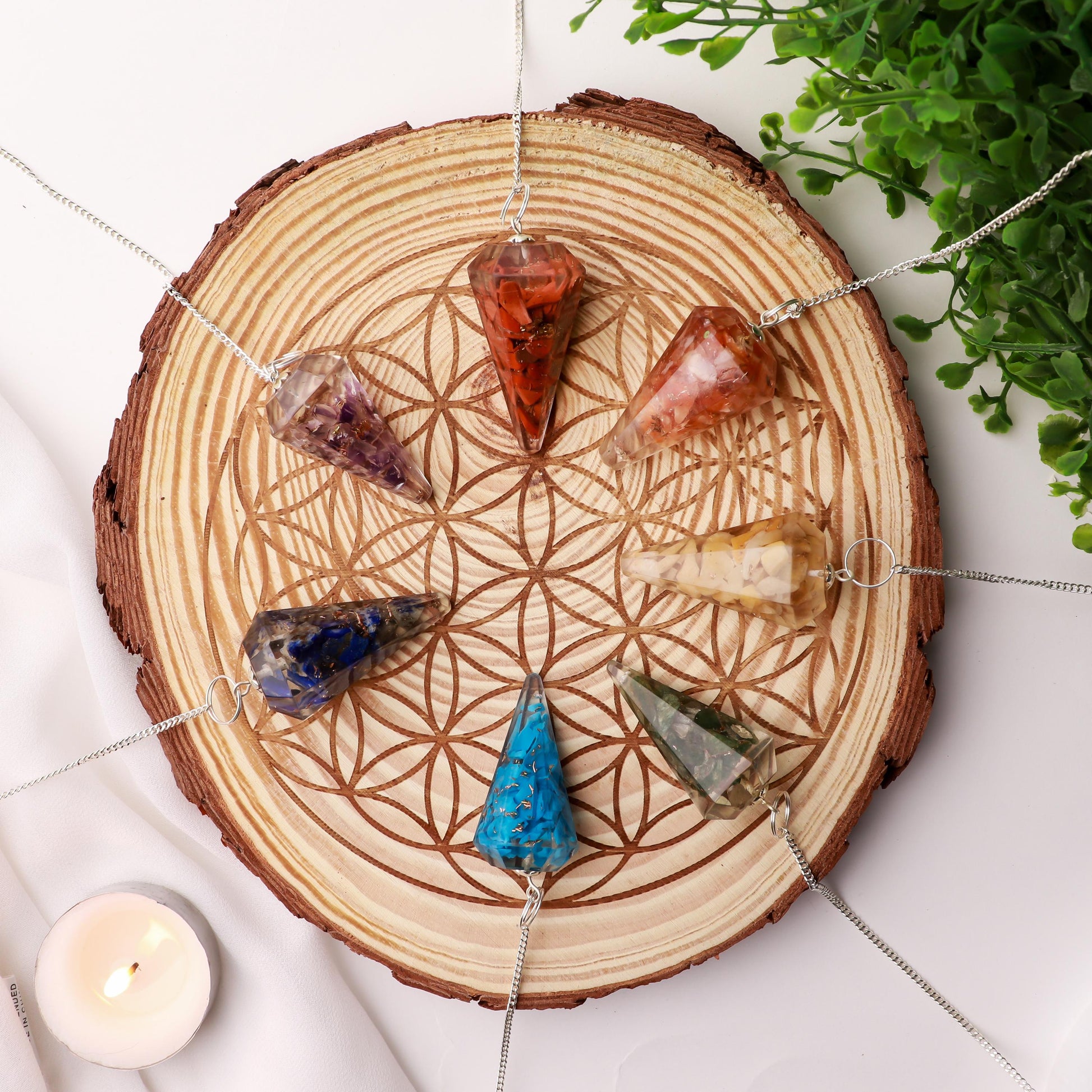 7 Chakra Geometry Crystal Kit, Cork and Wooden Plate, Ethically Sourced, Crystal Pendulums