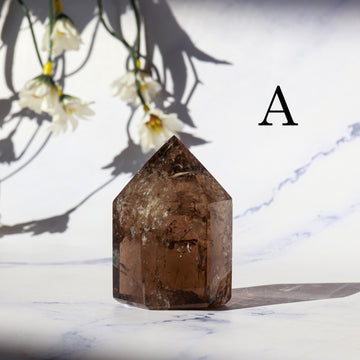 May include: A smoky quartz crystal point with a hexagonal base and a pointed top. The crystal is translucent brown with internal inclusions and fractures. The letter A is printed in black to the right of the crystal, which is set against a white background.