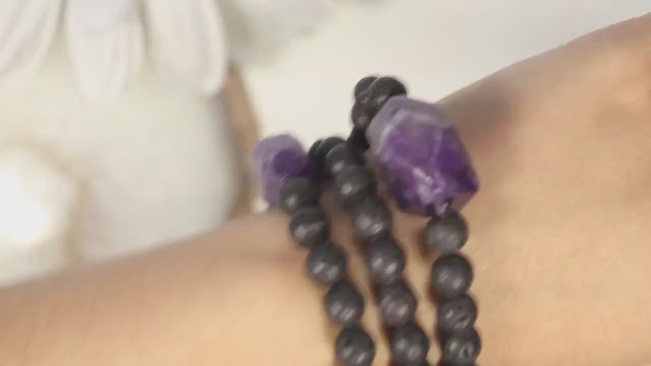 Amethyst and Lava Rock Bracelet, Amethyst Jewelry, Gemstone Beaded Bracelet - Sold Per Piece