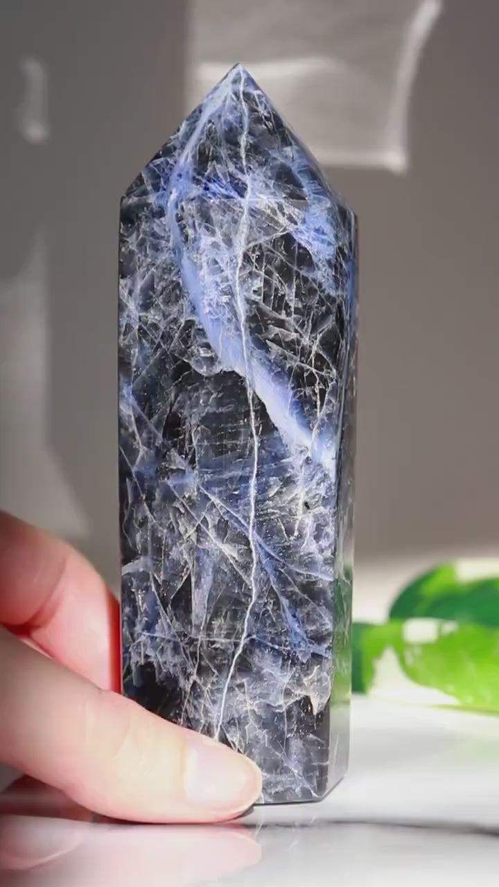 Sodalite Tower, Polished Sodalite Crystal, Ethically Sourced, Hand-Craved, Boho Chic Home Decor