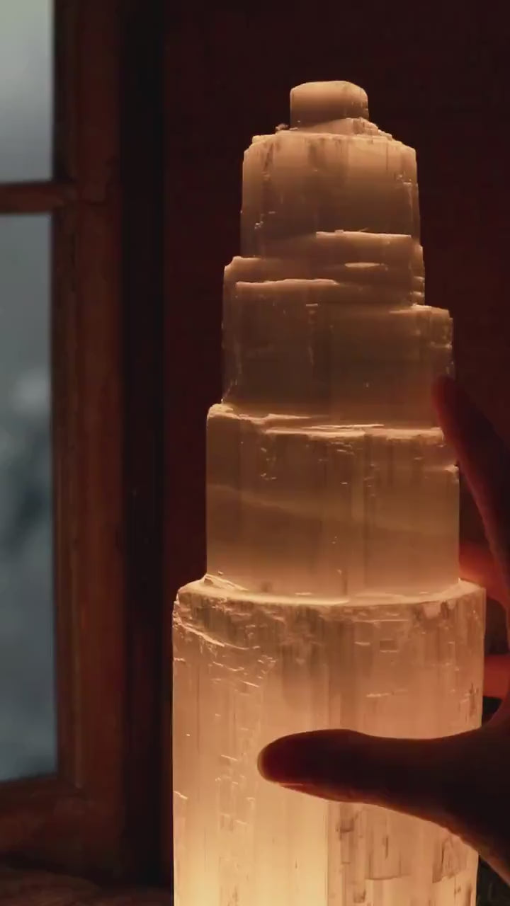 Selenite Crystal Tower Lamp, Ethically Sourced, Dimmable White Light