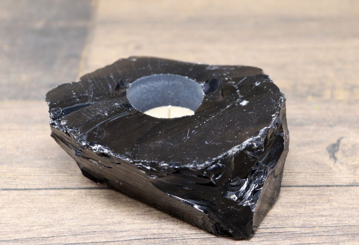 Obsidian Candle holder | Black Obsidian Crystal | Grounding Black Obsidian