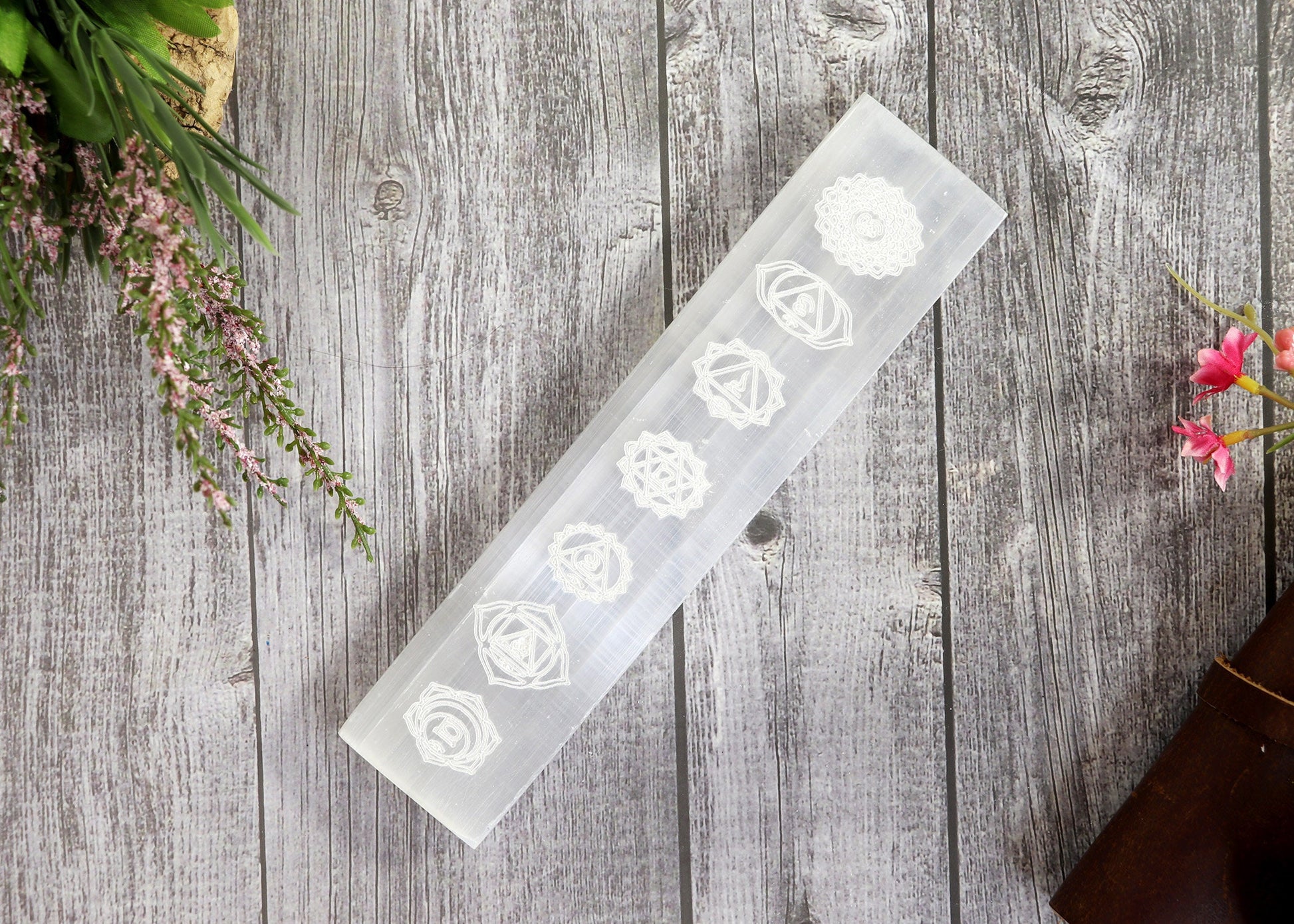 7-8 inches Selenite Engraved Charging Plate, Stick, Bar, Chakra Symbols for Clearing, Cleansing