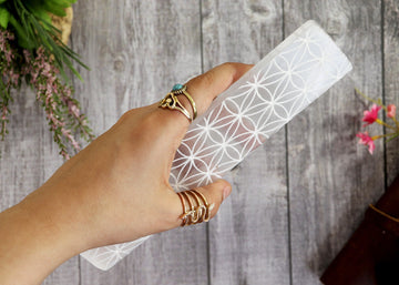 7-8 inches Selenite Engraved Charging Plate, Stick, Bar, Flower of Life Symbols for Clearing, Cleansing
