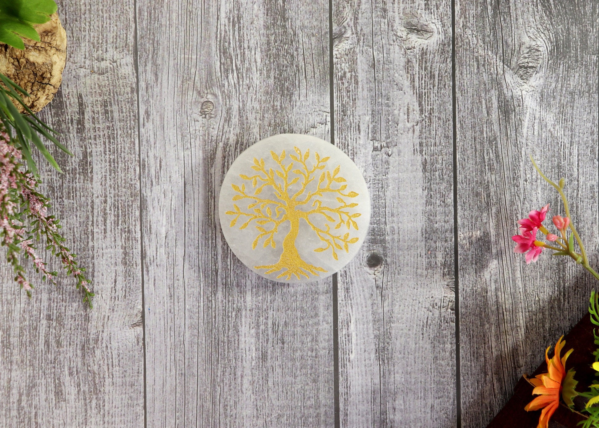 Selenite Charing Plate with Tree of Life | Selenite Round Plate | Selenite Cleansing Plate | Moroccan Selenite