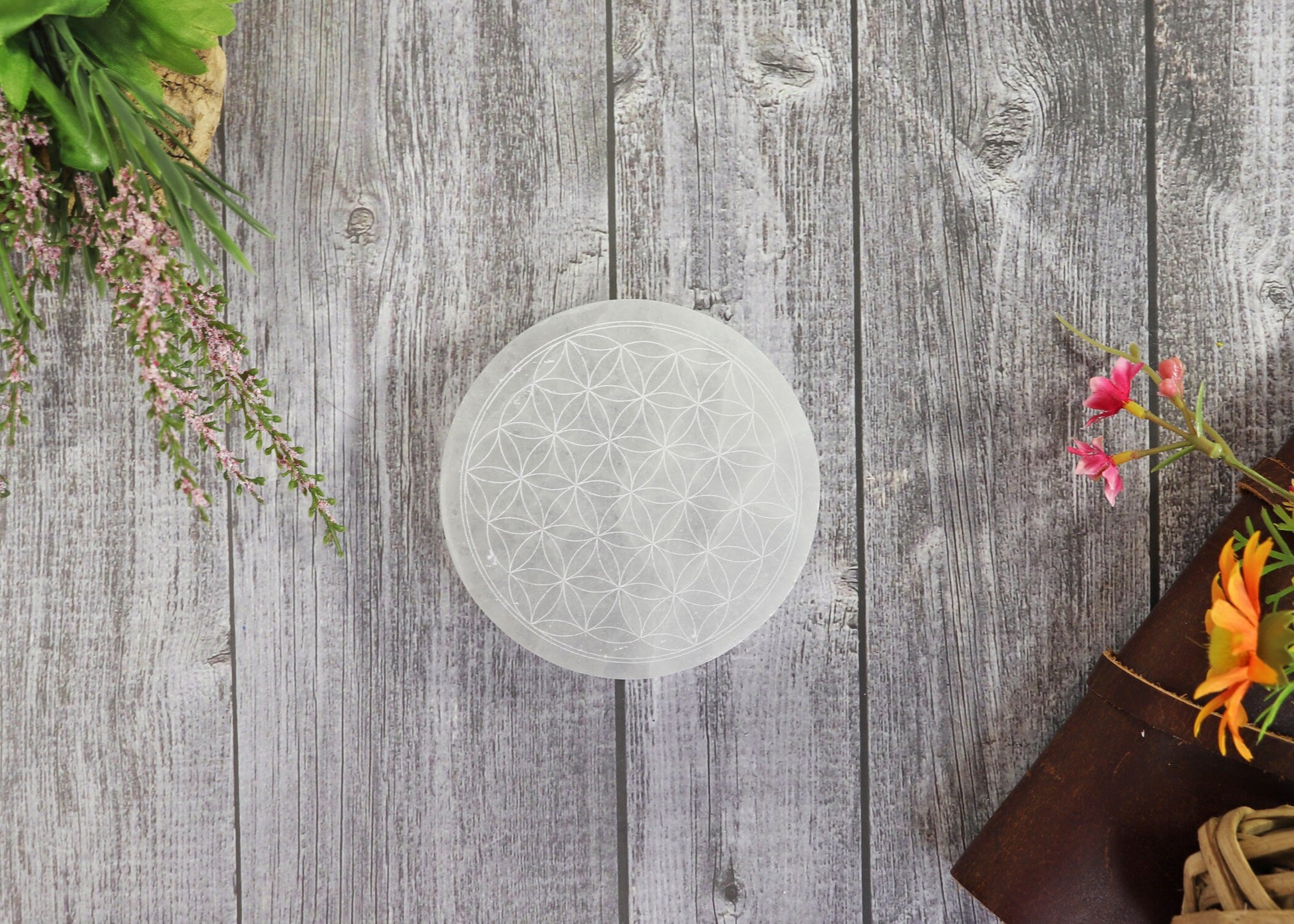 Selenite Round Engraved Plate Flower of Life, Etched Charging & Cleansing Plate 4"