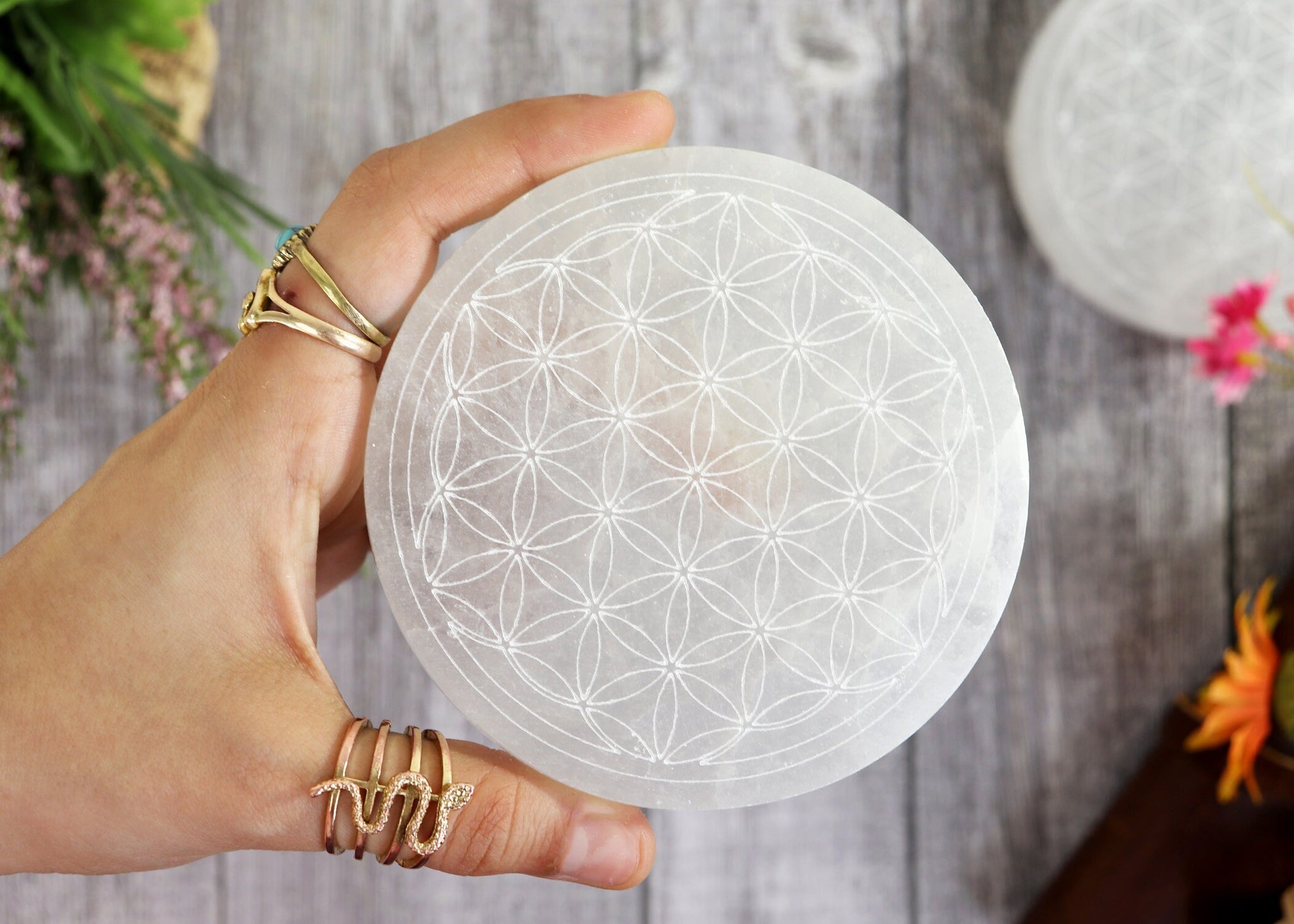 Selenite Round Engraved Plate Flower of Life, Etched Charging & Cleansing Plate 4"