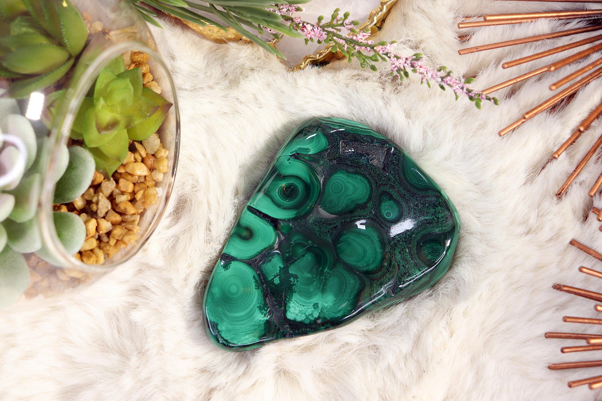Malachite Polished Free Form Large Hand Sized Crystal, Heart Chakra
