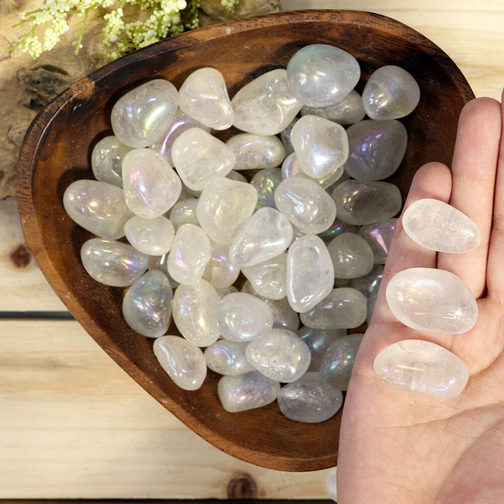Wholesale Lot of Aura Clear Quartz Tumble Stones, Natural Polished Gemstone, Jewelry, DIY, Ethically Sourced