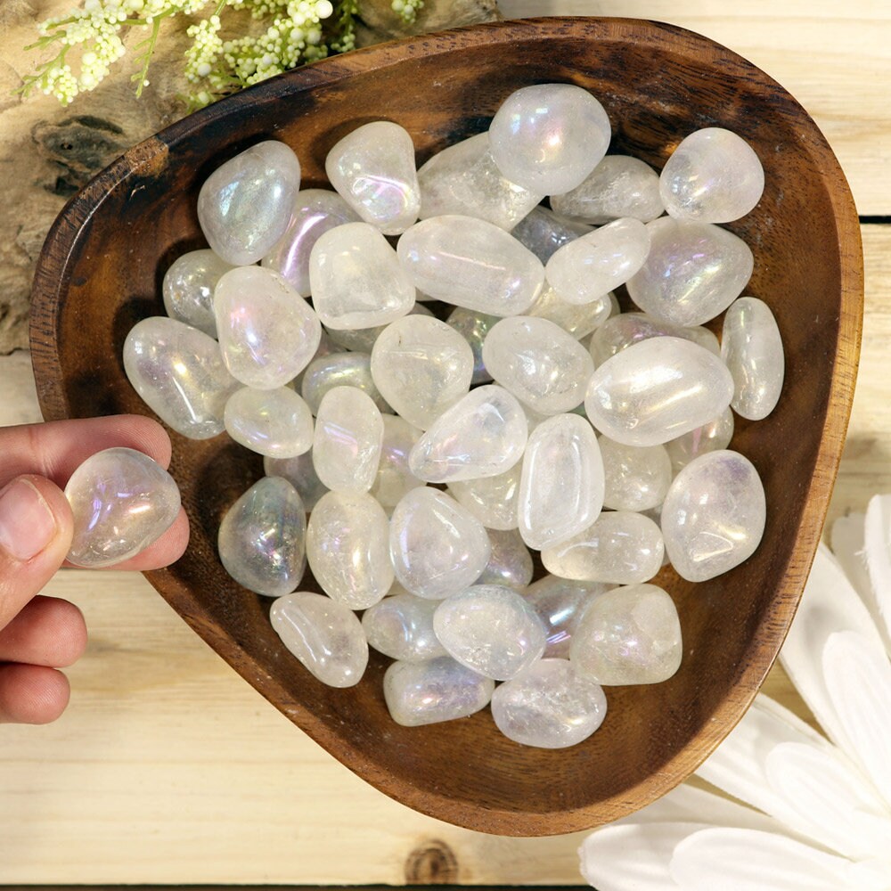 Wholesale Lot of Aura Clear Quartz Tumble Stones, Natural Polished Gemstone, Jewelry, DIY, Ethically Sourced