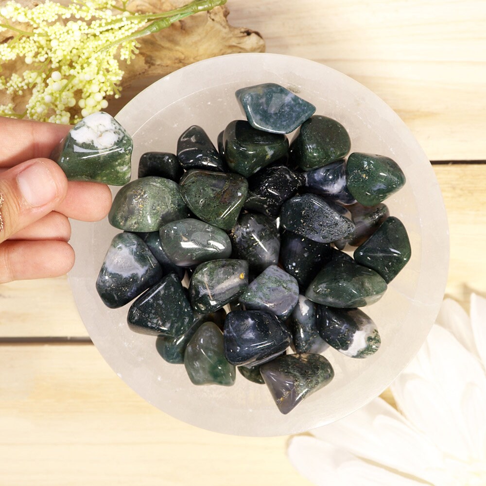 Wholesale Lot of Green Moss Agate Tumble Stones, Natural Polished Gemstone, Jewelry, DIY, Ethically Sourced