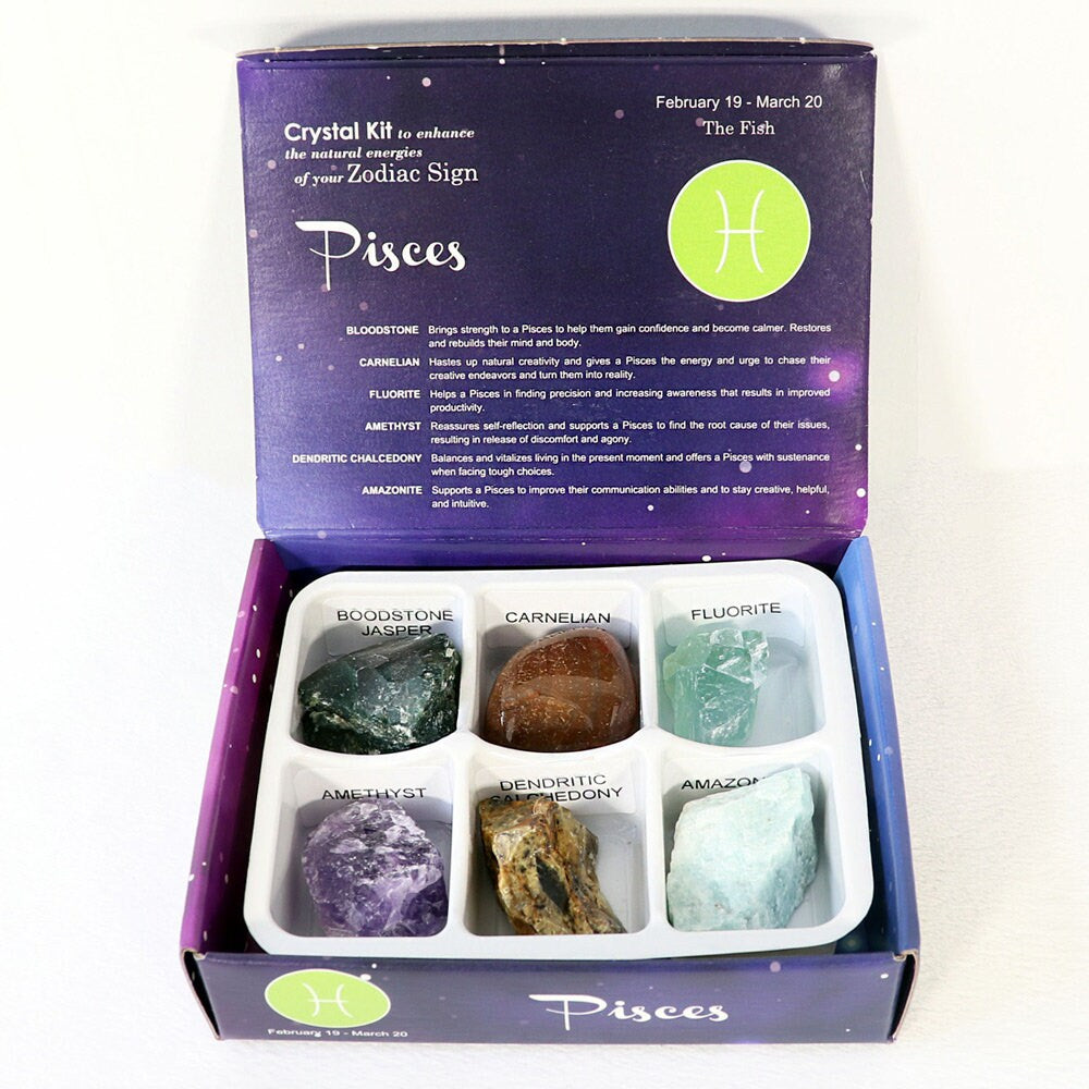 Pisces Zodiac Crystal Kit, Crystal Set for Birthday, Horoscope, Astrology. 6 Birthstones in a Gift Box, Crystal Bundles