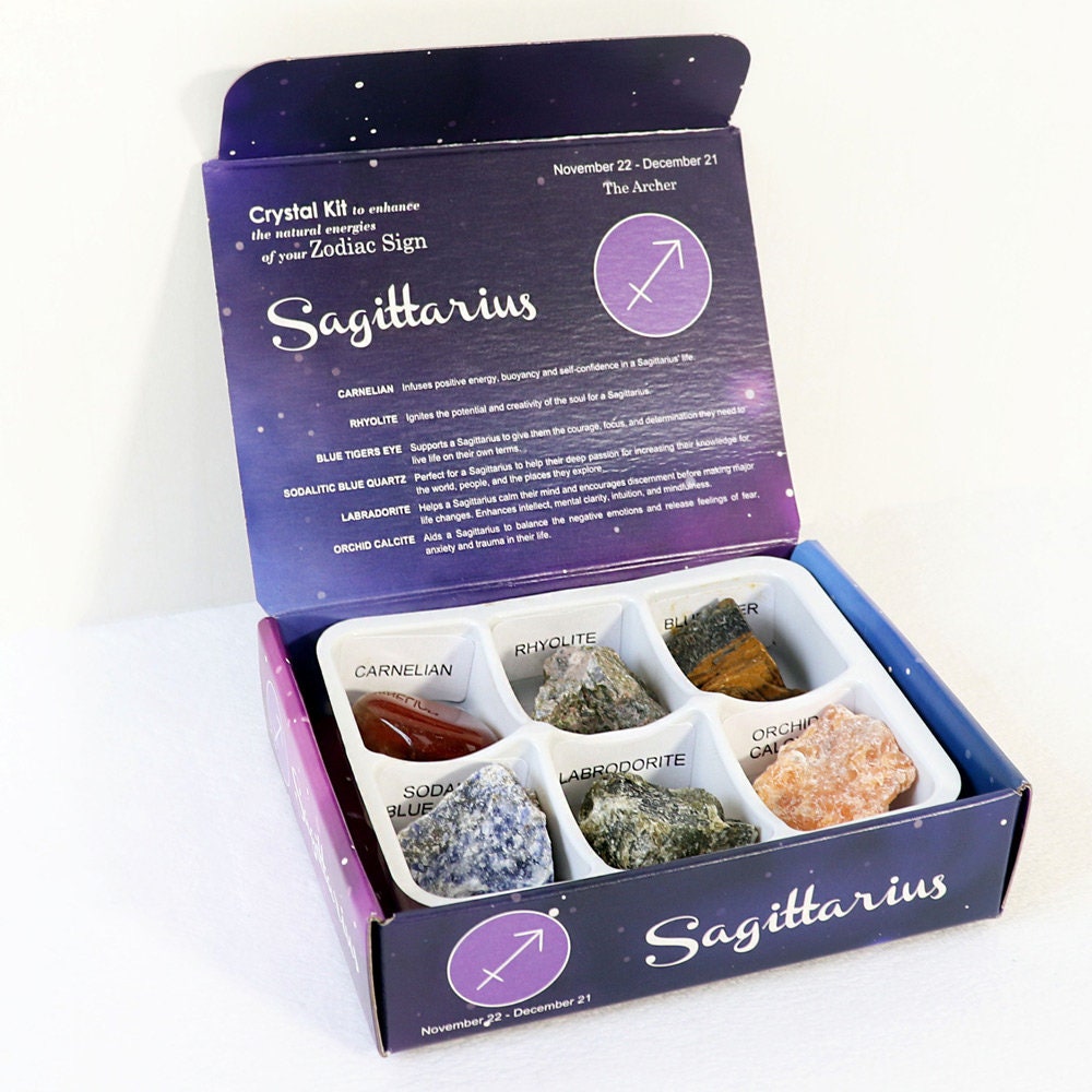 Sagittarius Zodiac Crystal Kit, Crystal Set for Birthday, Horoscope, Astrology. 6 Birthstones in a Gift Box, Crystal Bundles