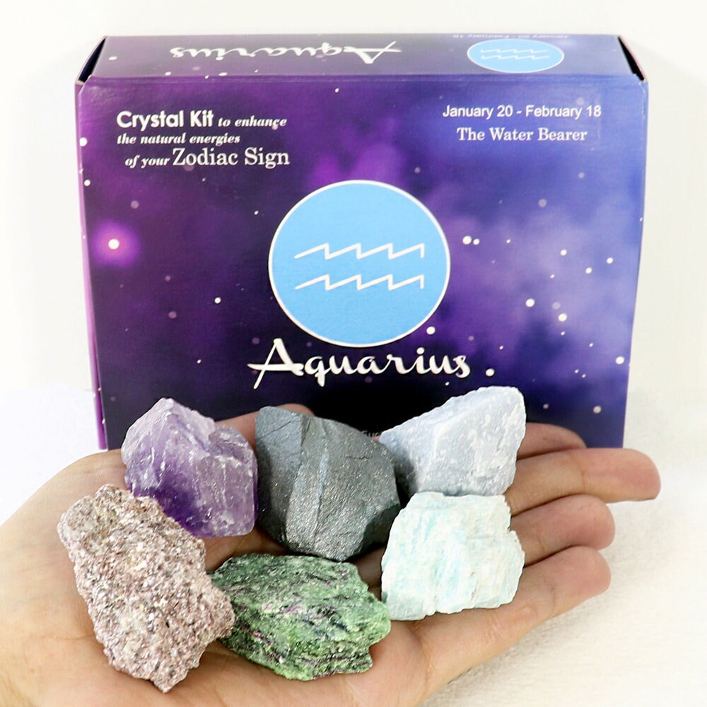 Aquarius Zodiac Crystal Kit, Crystal Set for Birthday, Horoscope, Astrology. 6 Birthstones in a Gift Box, Crystal Bundles